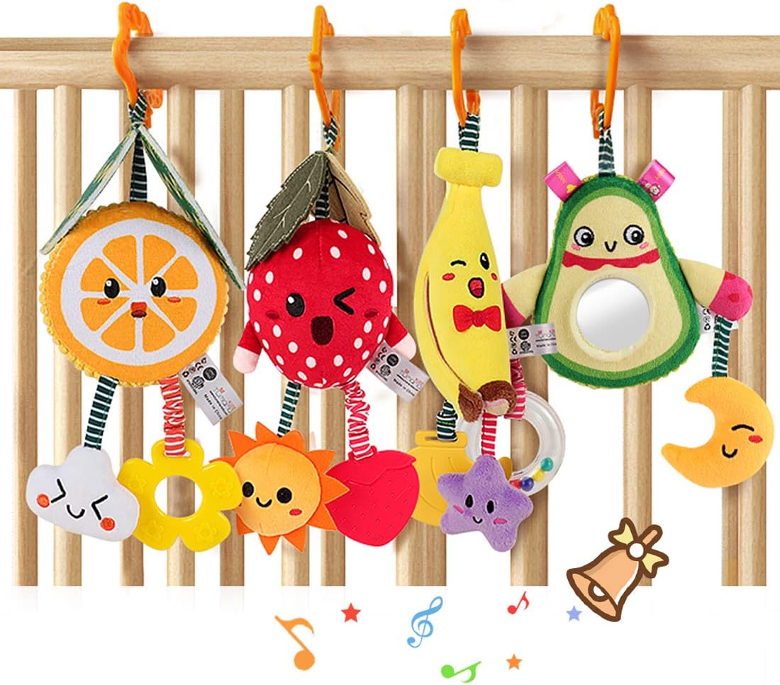 TUMAMA Baby Toys for 3 6 9 12 Months,Hanging Fruit Rattles Avocado,Banana,Orange and Strawberry,Stroller Mobile Toys,Plush Soft Rattles for Boys,Girls Christmas Gifts,4 Pack