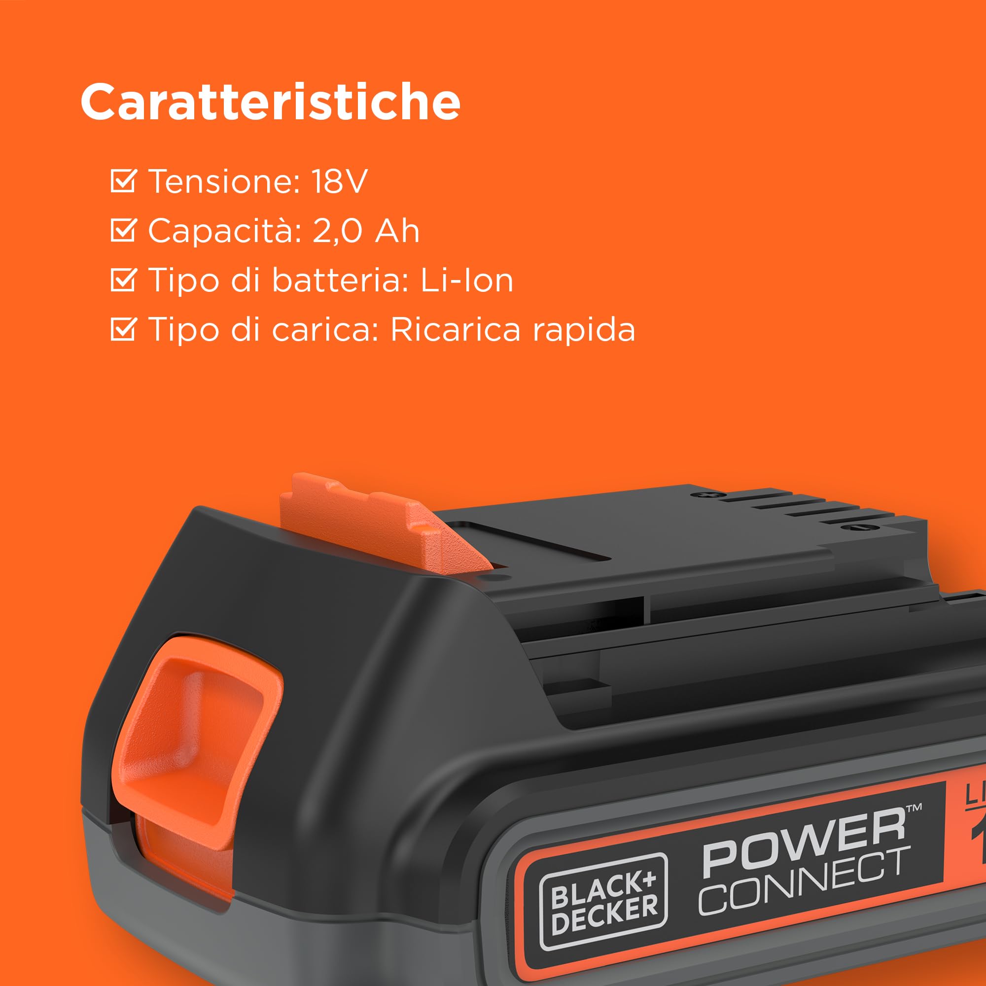 BLACK+DECKER 18V, 2.0AH, batteria agli ioni di litio, compatibile con tutti i prodotti BLACK+DECKER da 18V, BL2018-XJ