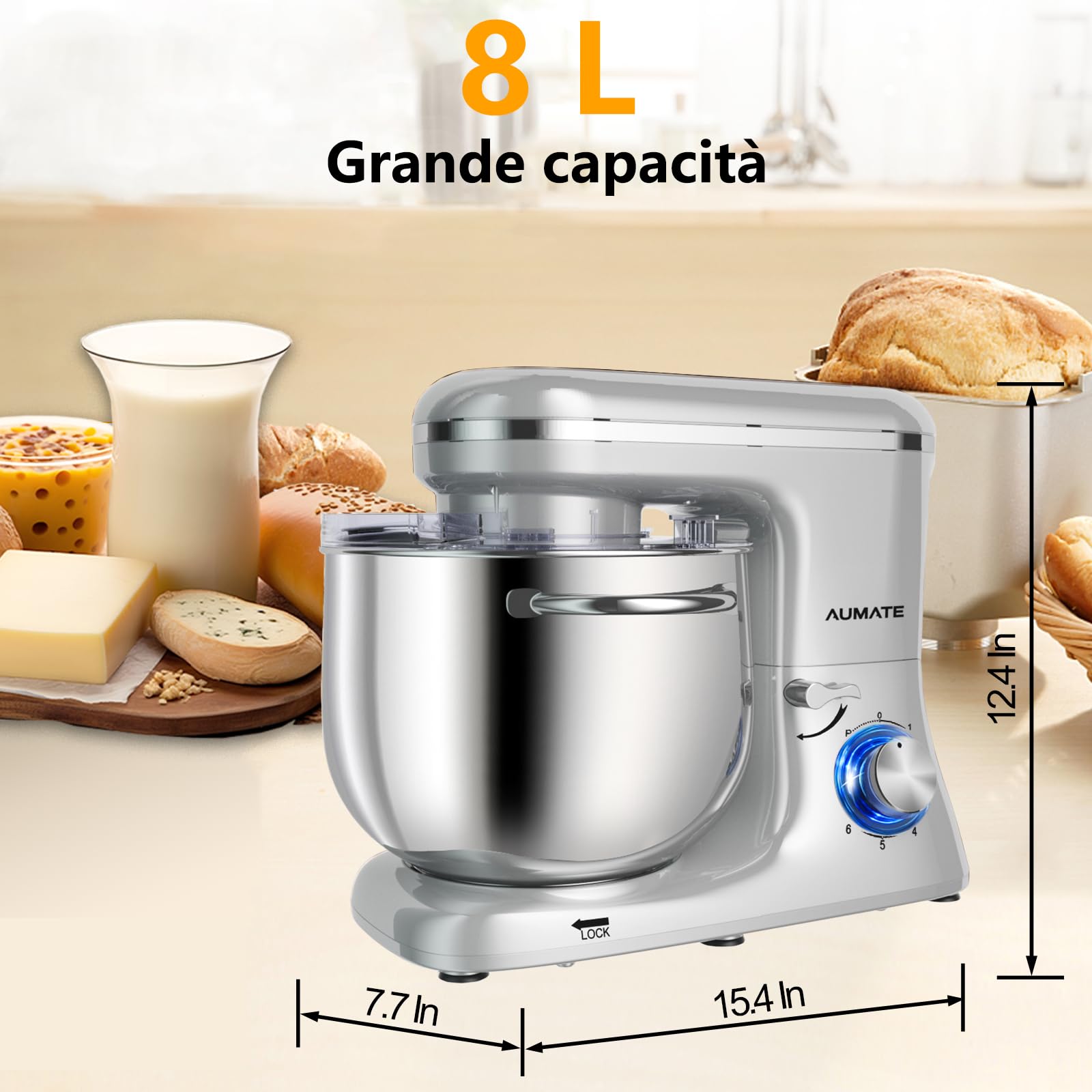 AUMATE Tilt-Head - Batidora de pie, mezclador de cocina, Impastatrice Professionale 8 Litri 1400W, Impastatrice Pizza con Uncino Impastatore (Argento, 8 L)