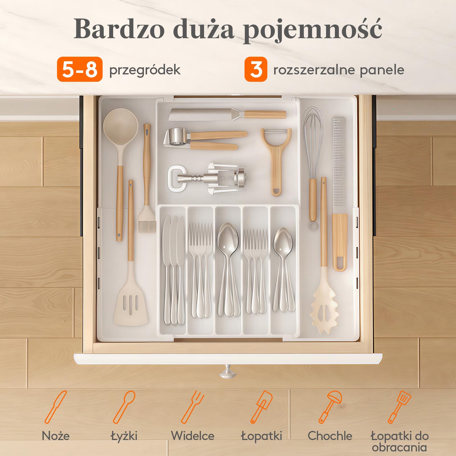 Lifewit Pojemnik na sztućce do szuflad, 5-8 przegródek, dwukierunkowy, regulowany, organizer z tworzywa sztucznego, organizer kuchenny, szerokość od 30,5 do 52 cm, wkład na sztućce na łyżki i widelce