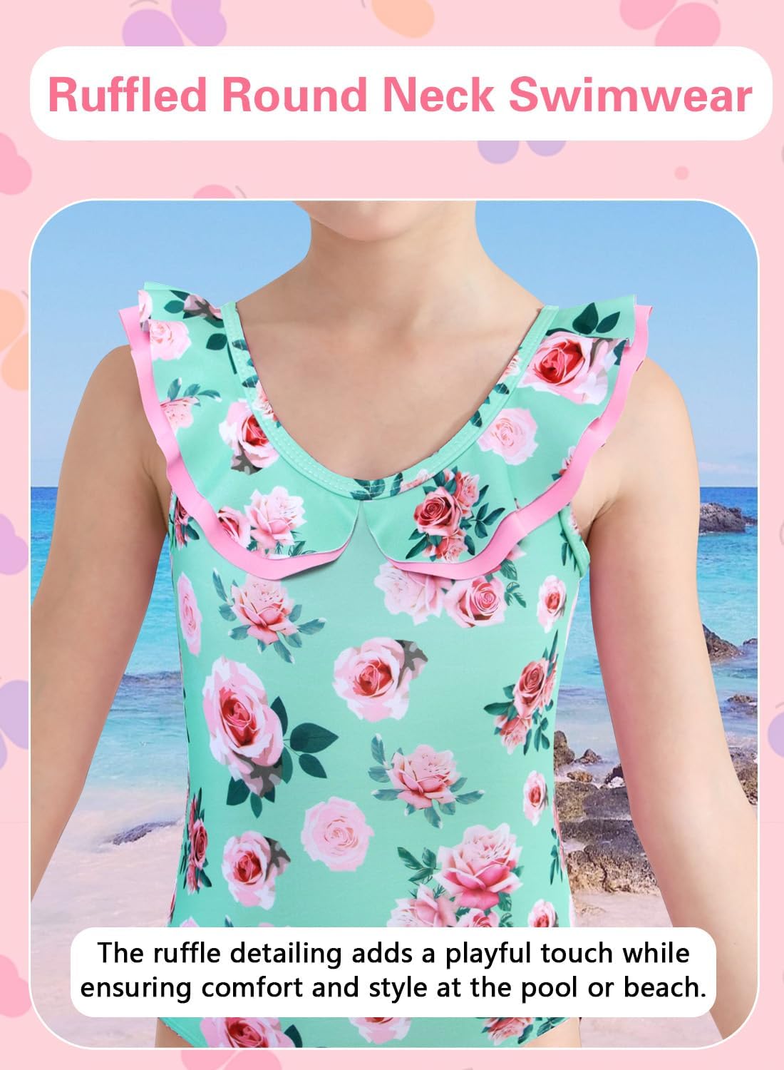Alakuoti Girls One Piece Swimsuits Quick Dry Toddler Bathing Suits Cute Ruffled Round Neck Beach Swimwear 3-10 Years