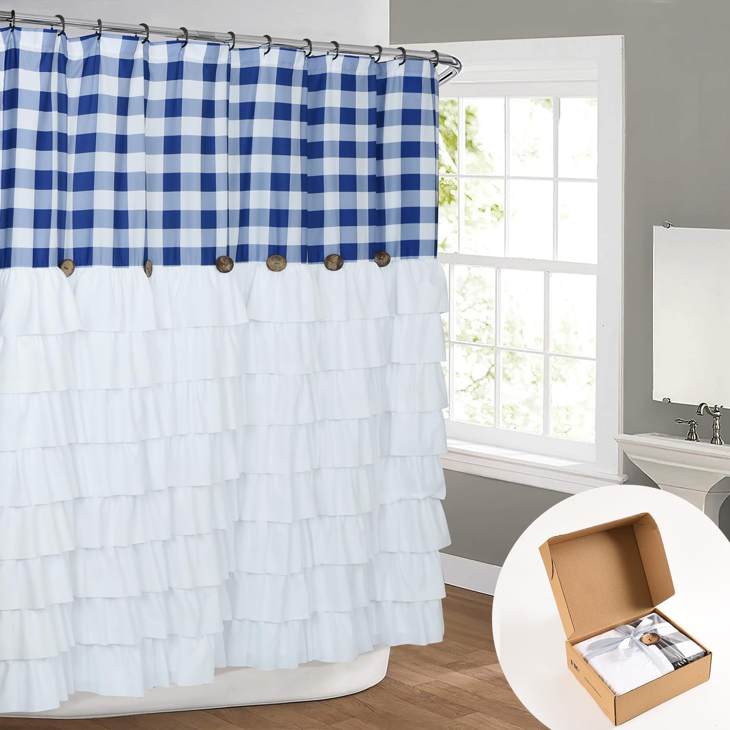 Shower Curtains 72 x 72in Farmhouse Ruffled Buffalo Check Shower Curtain with Vintage Coconut Buttons Bathroom Partition Screen Stall Curtain (Blue)