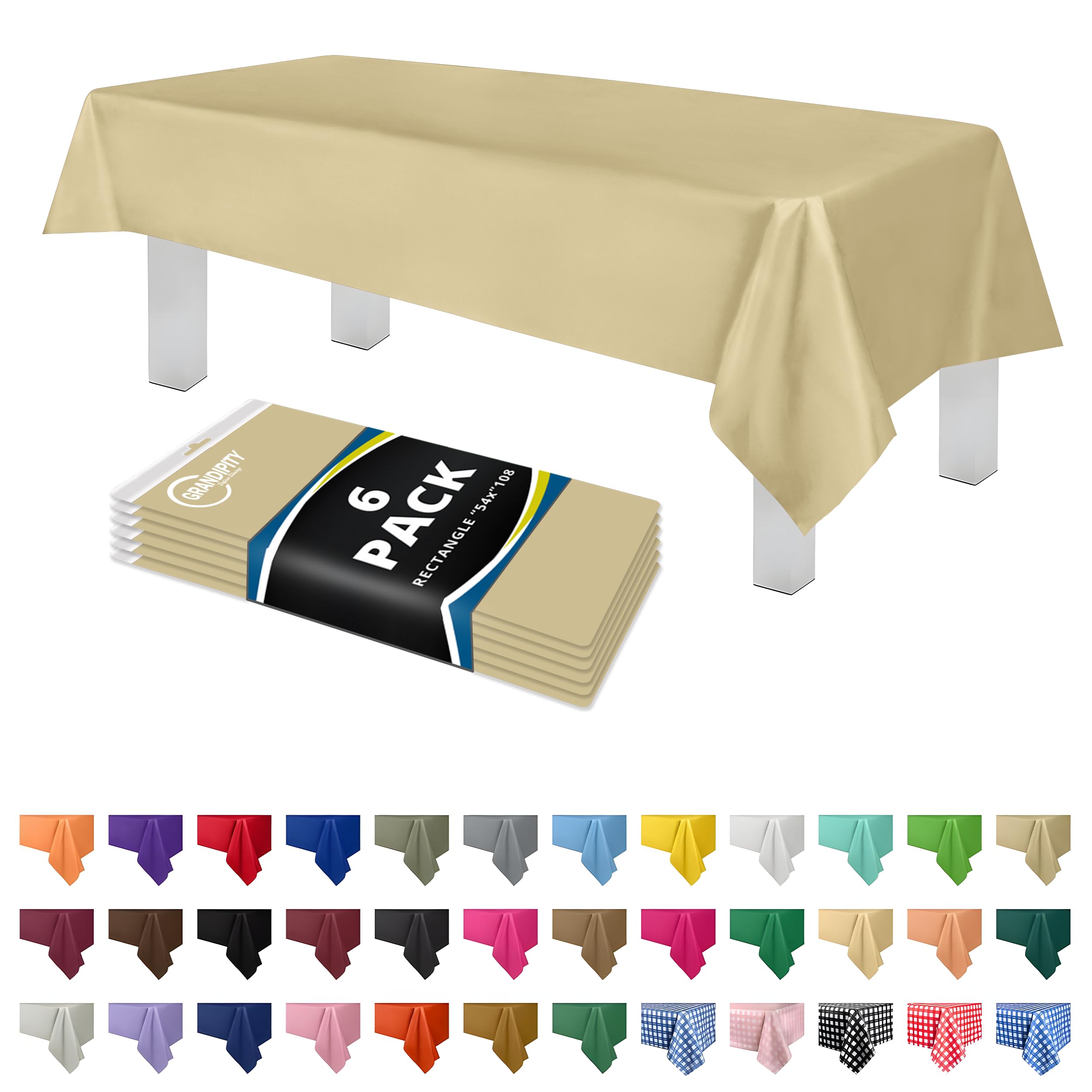 Grandipity Beige Plastic Table Cloth Disposable (6 Pk) 54in x 108in Plastic Tablecloths for Rectangle Tables - Premium Party Table Cloths Disposable
