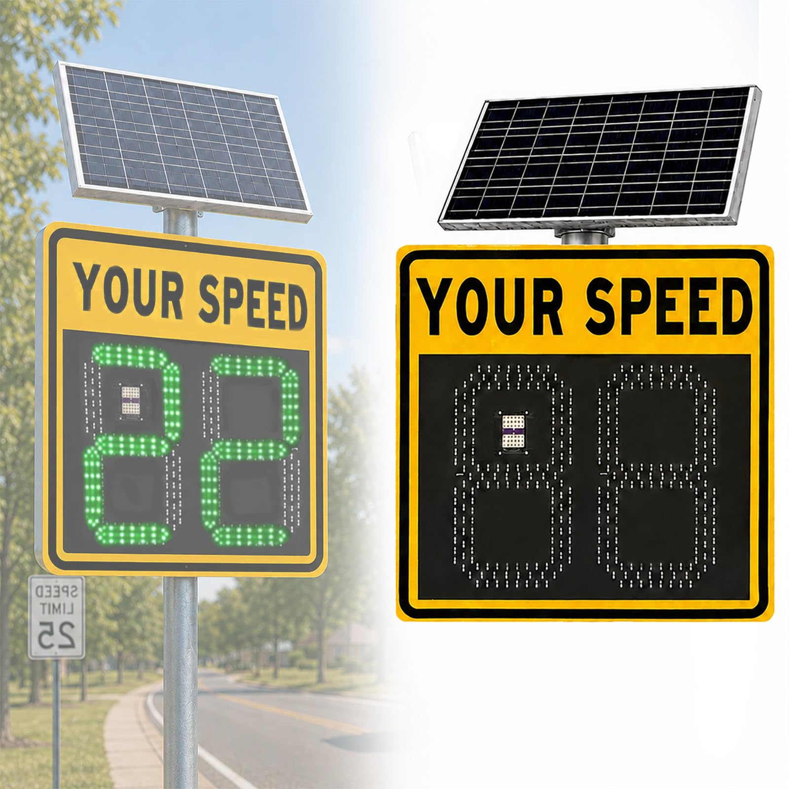 HCAUYNN LED Solar Radar Speed Sign, Weatherproof Traffic Feedback Warning Board with 2(3) Digit Speed Display for Highways, Speed-Limited Roads & Construction Zones – 24"x24"(24"x27") yellow-2Digit
