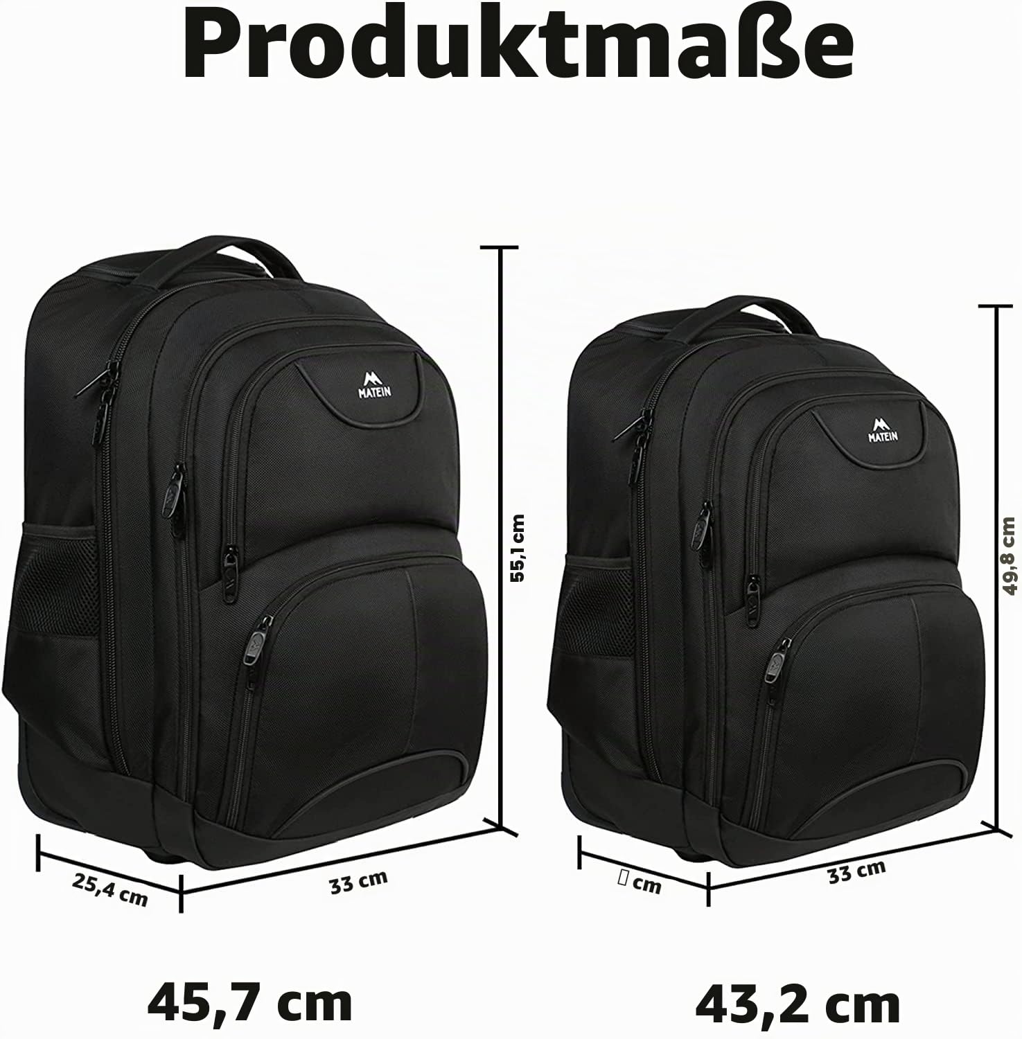 MATEIN Trolley Handgepäck Rucksack, Business Trolley Koffer Groß, Rucksack Mit Rollen 18 Zoll Reisetasch, Pilotenkoffer Reiserucksack für Flugzeug Arbeit Reisen, Schwarz