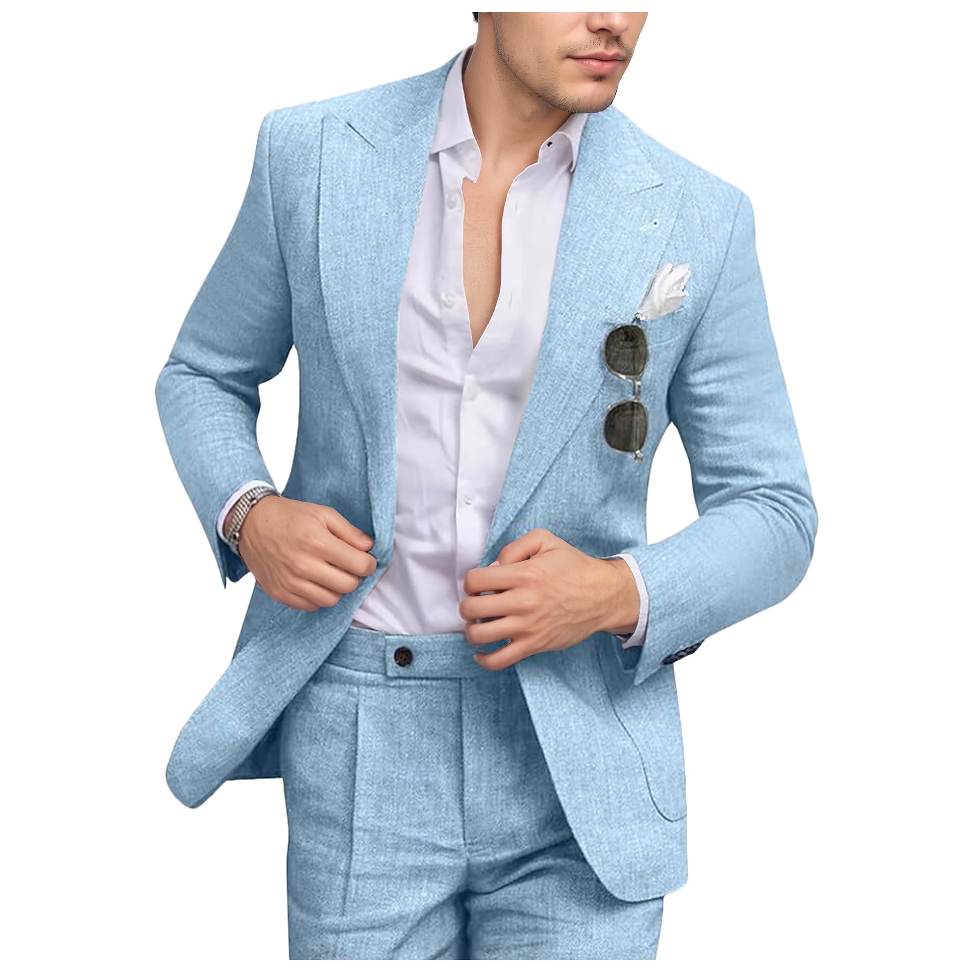 Fesenbo light blue slim-fit linen blazer and pants set with peak lapel