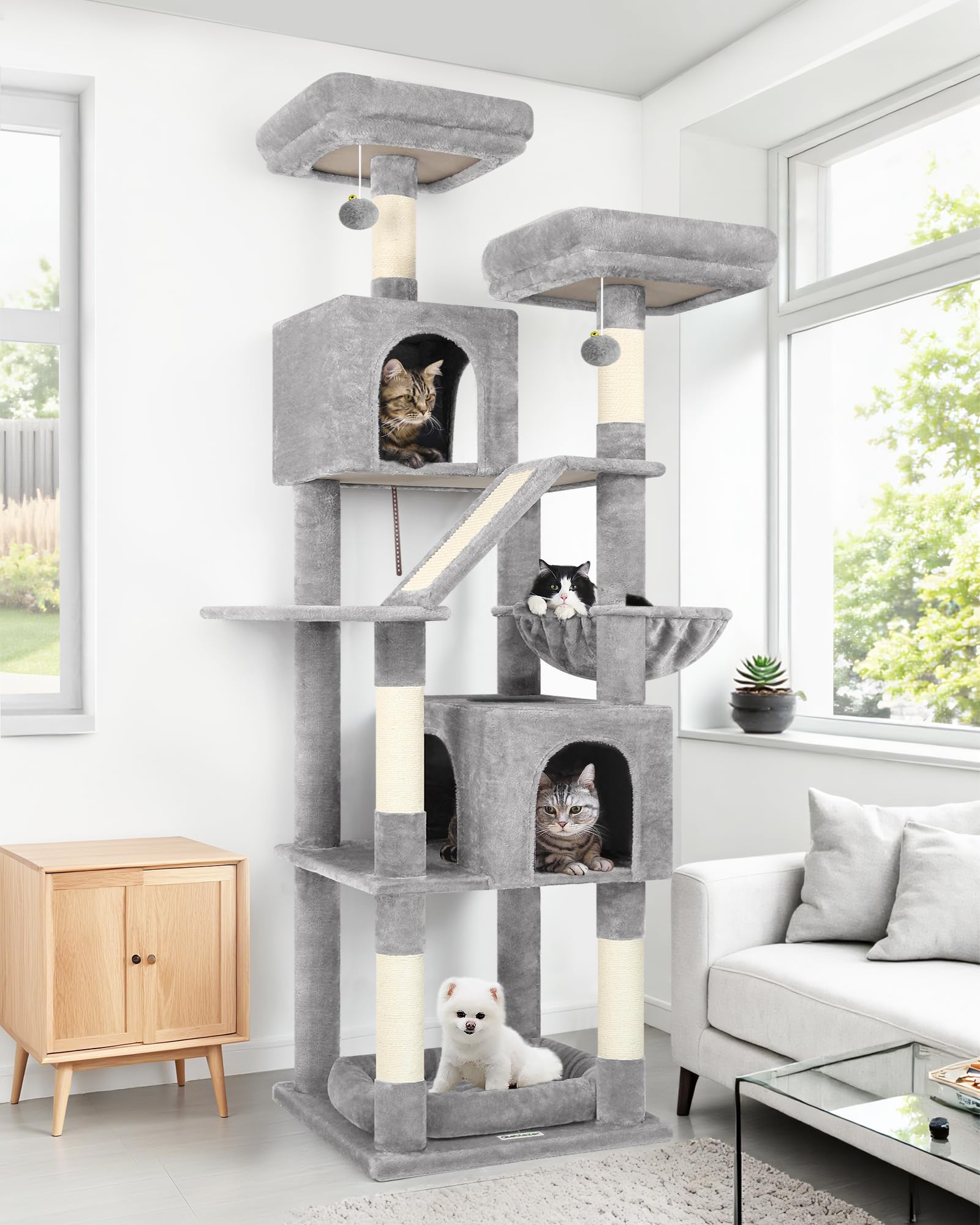 Arbre à chat de 189 cm de hauteur Globlazer avec 2 niches et perchoirs gris clair