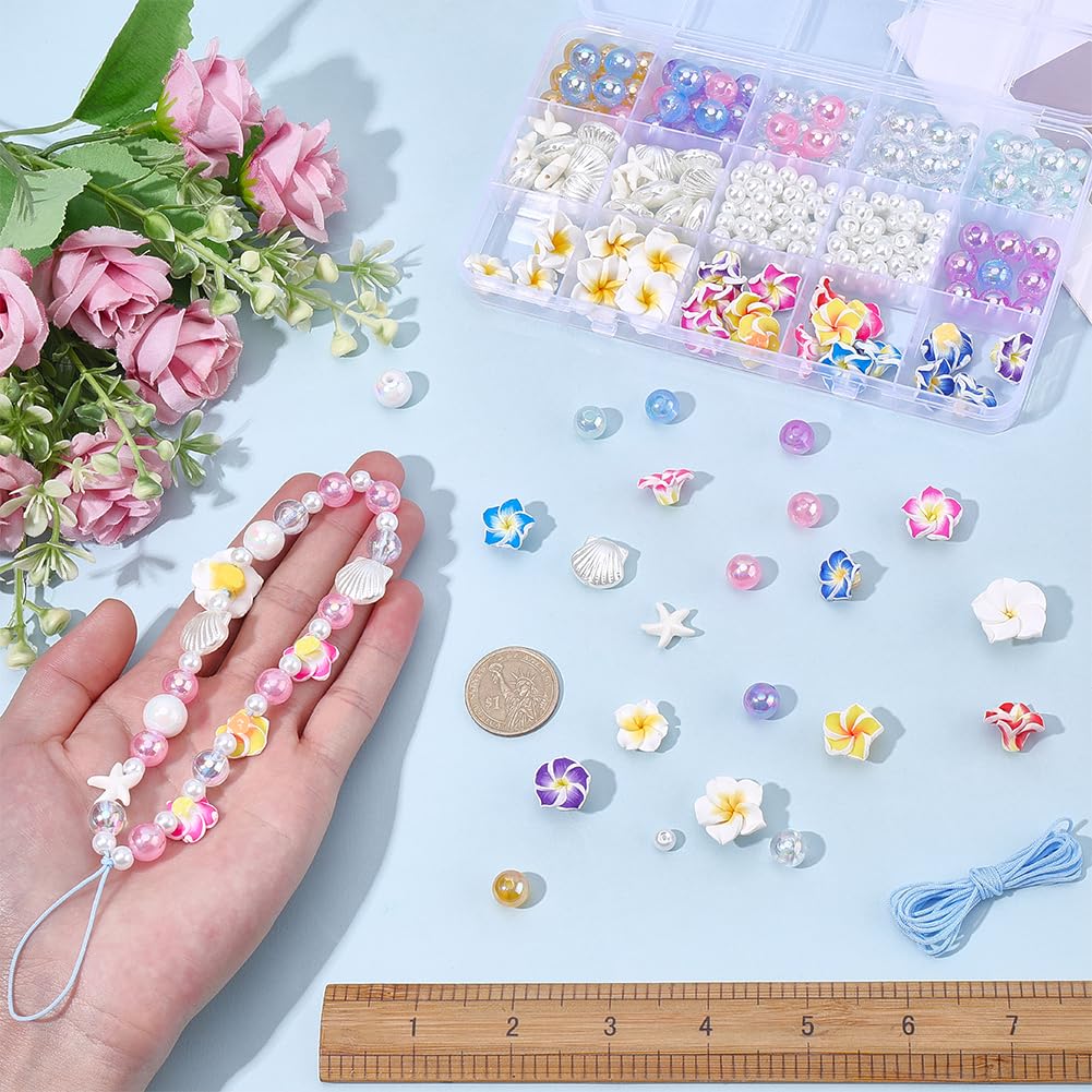 SUNNYCLUE 1 boîte de 228 pièces Kit de Création de 6 breloques pour Téléphone (Drapeau Cordon Perles en Forme D'Étoile de Mer Perles de Fleur de Frangipanier Perles de Fleur D'Été Perles de Fleur D'Ét