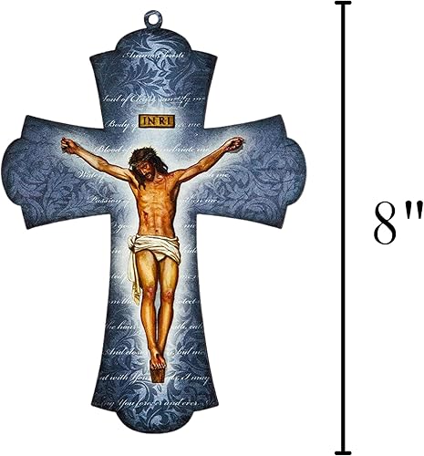 Miniatura 2 de Needzo Crucifijo azul marino de madera con láser para pared, oración religiosa colgante para decoración del hogar, decoración católica, recordatorio