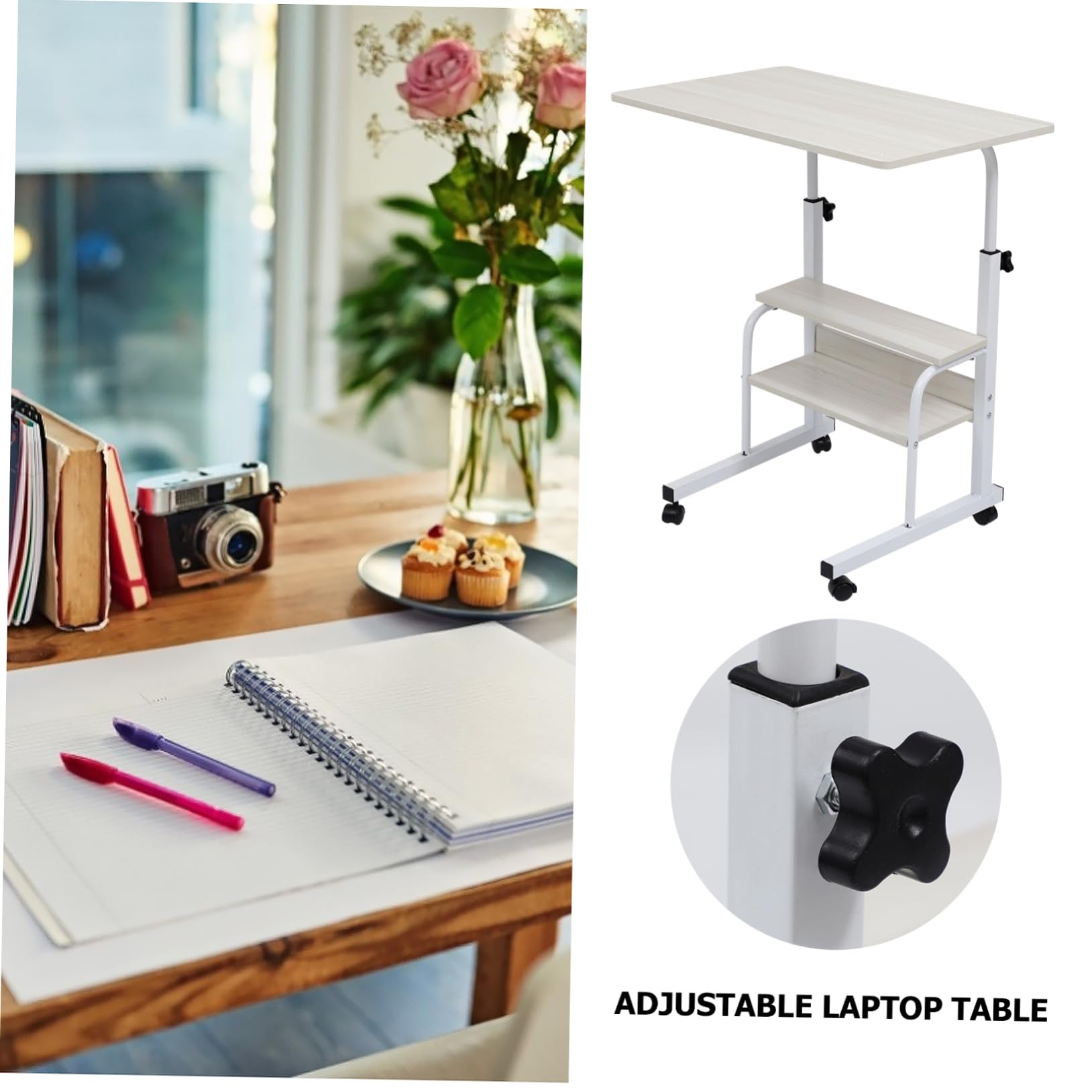 DOITOOL 1pc Bedside Laptop Table with Wheels Portable Computer Desk for Bedroom Sofa Office Use Space-Saving Design with Additional Storage Shelves Upgraded Oak Frame