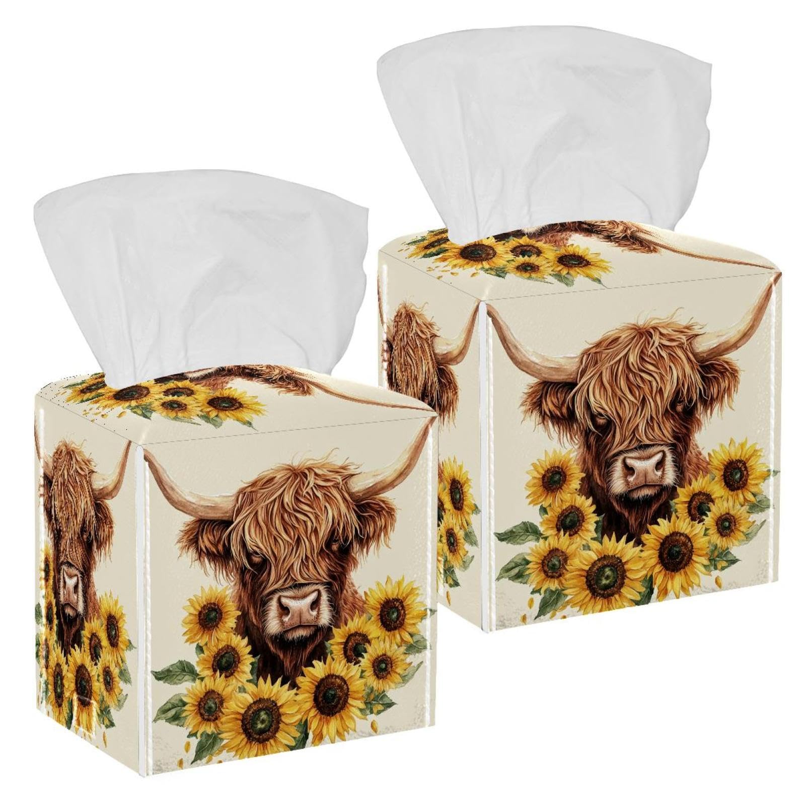 Highland Cow Sunflower Tissue Box Cover, 2 Pack PU Leather Square Facial Tissue Dispenser Box holder for Home Office Car