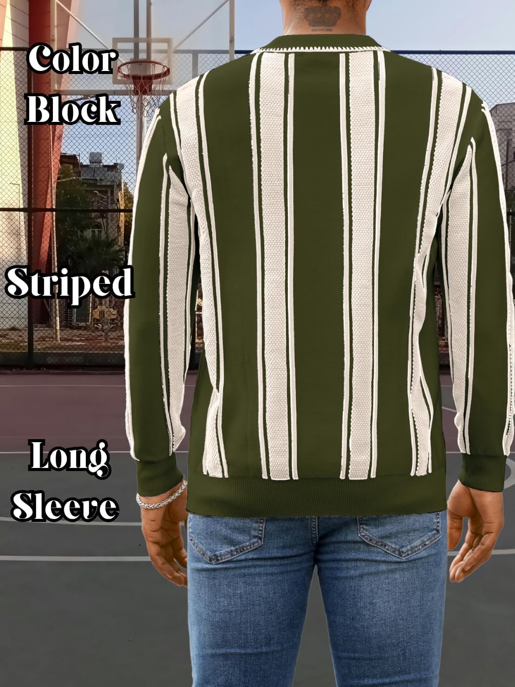 ChiaoLezhee Men's Slim Fit Lapel Quarter-Zip Polo, Striped Lightweight Knit Pullover for Casual Wear