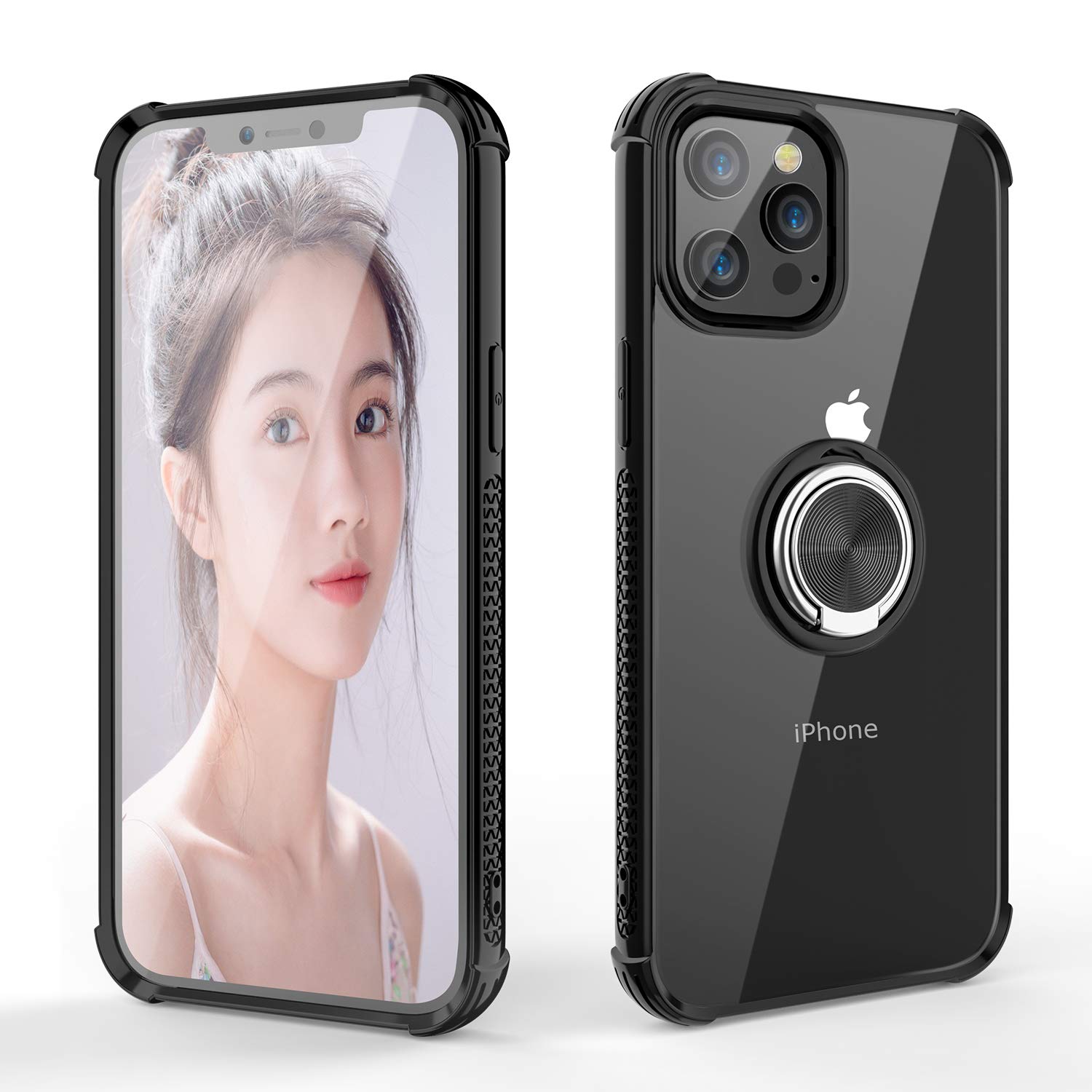 WATACHEiPhone 12 Pro Max Case,Crystal Clear Rugged Hybrid Protective Shockproof Phone Case Cover with [Ring Holder Kickstand] [Magnetic Car Mount Feature] for iPhone 12 Pro Max,Black