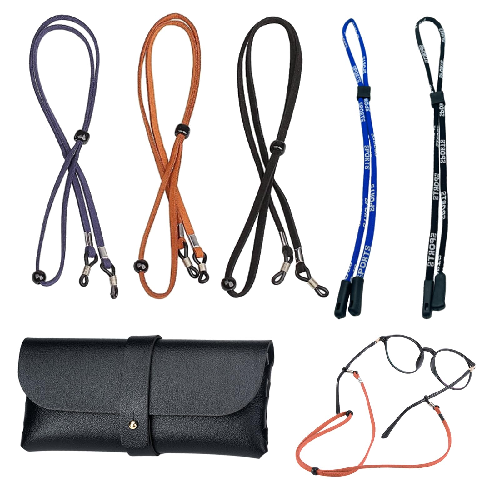 DALAETUS 6 Piezas Cordón Gafas, Cadena de Gafa, Correa Gafas Cuero, Ajustable Cordones para Gafas, Cadena Deportiva para Gafas y Estuche para Gafas para Mujeres y Hombres