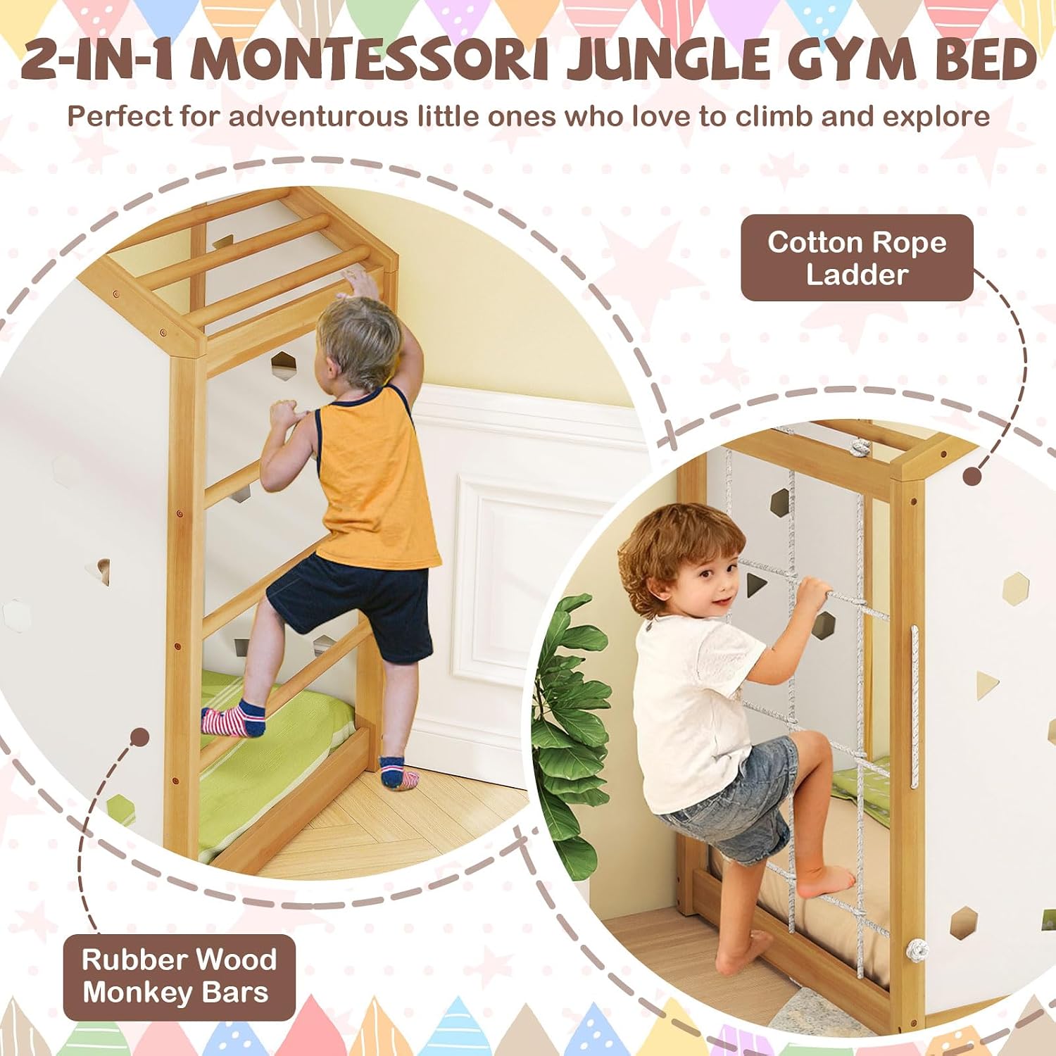 Giantex Twin Size Montessori Floor Bed, 3-in-1 Indoor Kids Jungle Gym Playground with Climbing Slide Swing Net, Monkey Bars, Wood House Bed Frame with Playset for Boys Girls, Natural+White
