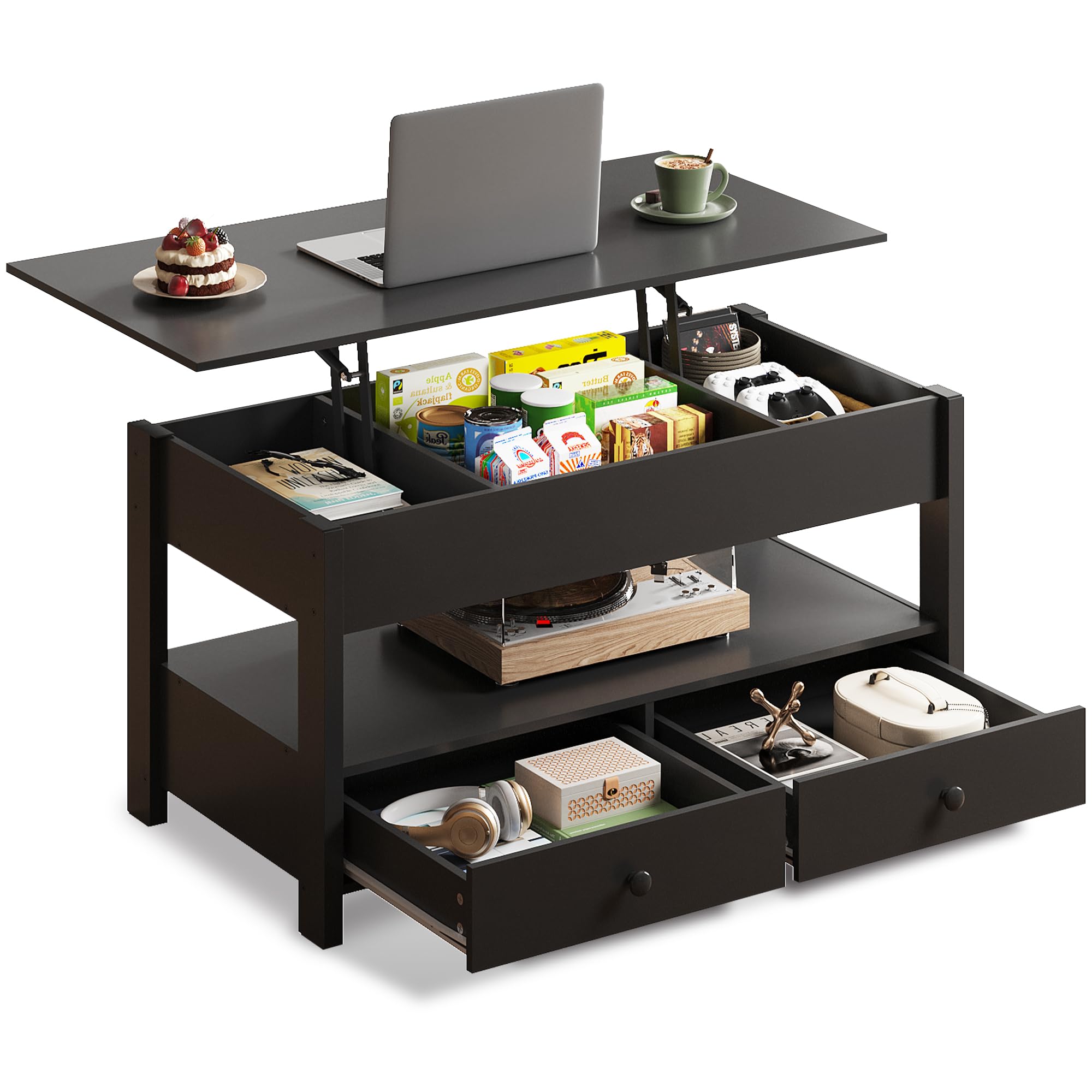 WLIVE Coffee Table, Lift Top Coffee Table with 2 Drawers, Large Storage and Open Shelf, Lift Tabletop for Living Room, Black