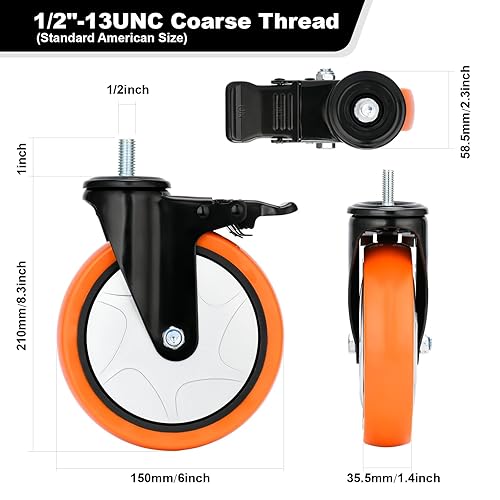 Miniatura 2 de Juego de 4 ruedas giratorias de vástago roscado de 6 pulgadas, ruedas industriales resistentes de 2000 libras, ruedas de 12"-13 x 1, ruedas