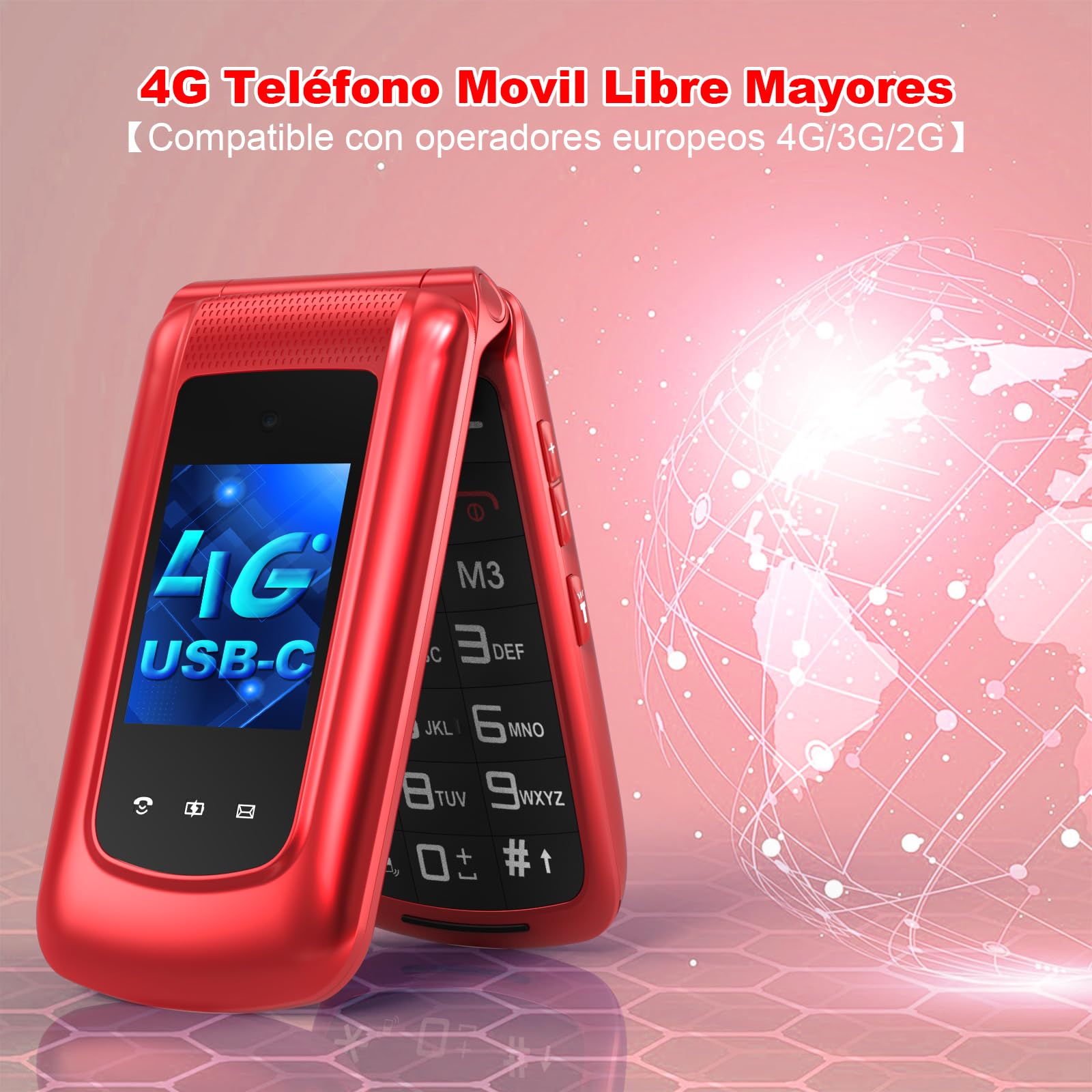 CHAKEYAKE 4G Telefono Movil para Mayores Libre con Teclas Grandes, Doble SIM Doble Pantalla LCD, Teléfono Móvil Personas Mayores con Botón SOS, Cable USB C | Batería 1000mah | Base Cargadora | Rojo