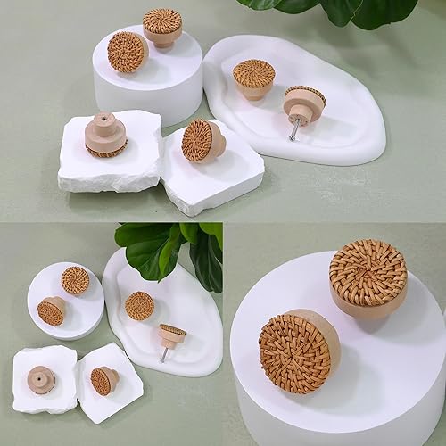 Miniatura 3 de ETIUC 12 pomos de ratán para cajones, pomos bohemios de madera hechos a mano, perillas de madera para cajones, herrajes de mimbre tejido bohemio
