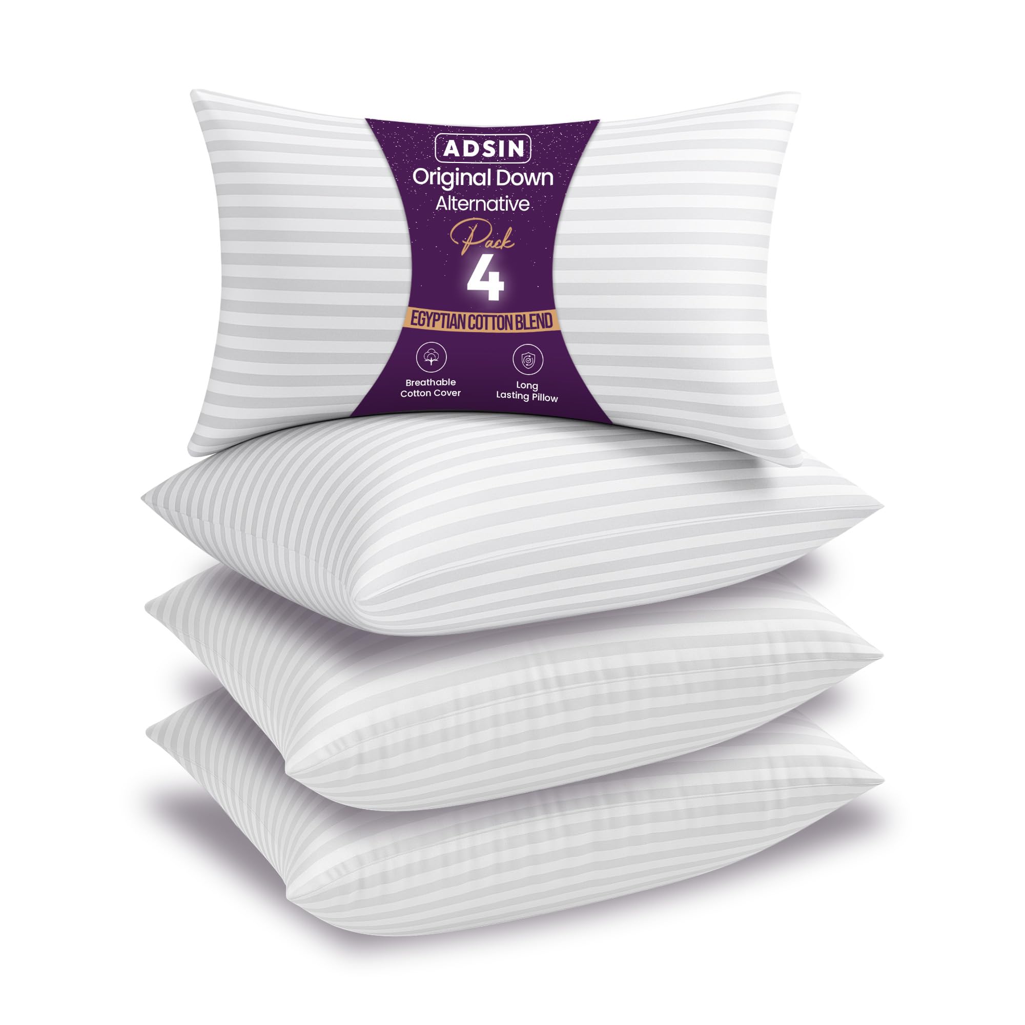 adsin 4-Pack Hotel Quality Stripe Pillows Soft Hollowfibre Bounce Back Pillows Rapid Rebound & Dust Proof Supportive for Back, Stomach & Side Sleepers, Hypoallergenic, Bed Pillows