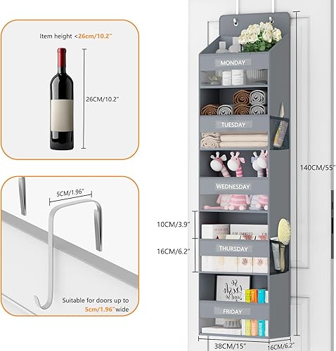 Miniatura 9 de VERONLY Organizador para colgar sobre la puerta, organizador de almacenamiento grande con 5 bolsillos grandes y 10 bolsillos laterales para