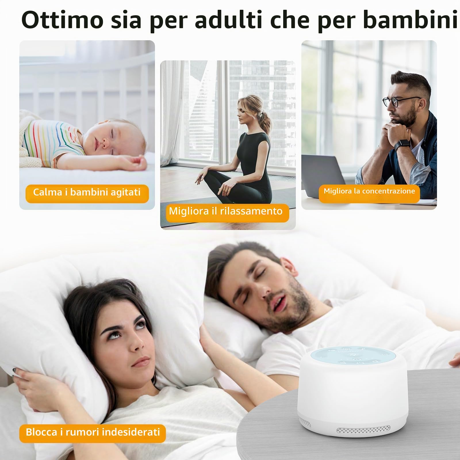 Macchina per il sonno ricaricabile, per bambini, adulti, bambini, con 20 suoni lenitivi e luce notturna con 6 livelli di volume, 3 timer, funzione di memoria per casa, ufficio, viaggi