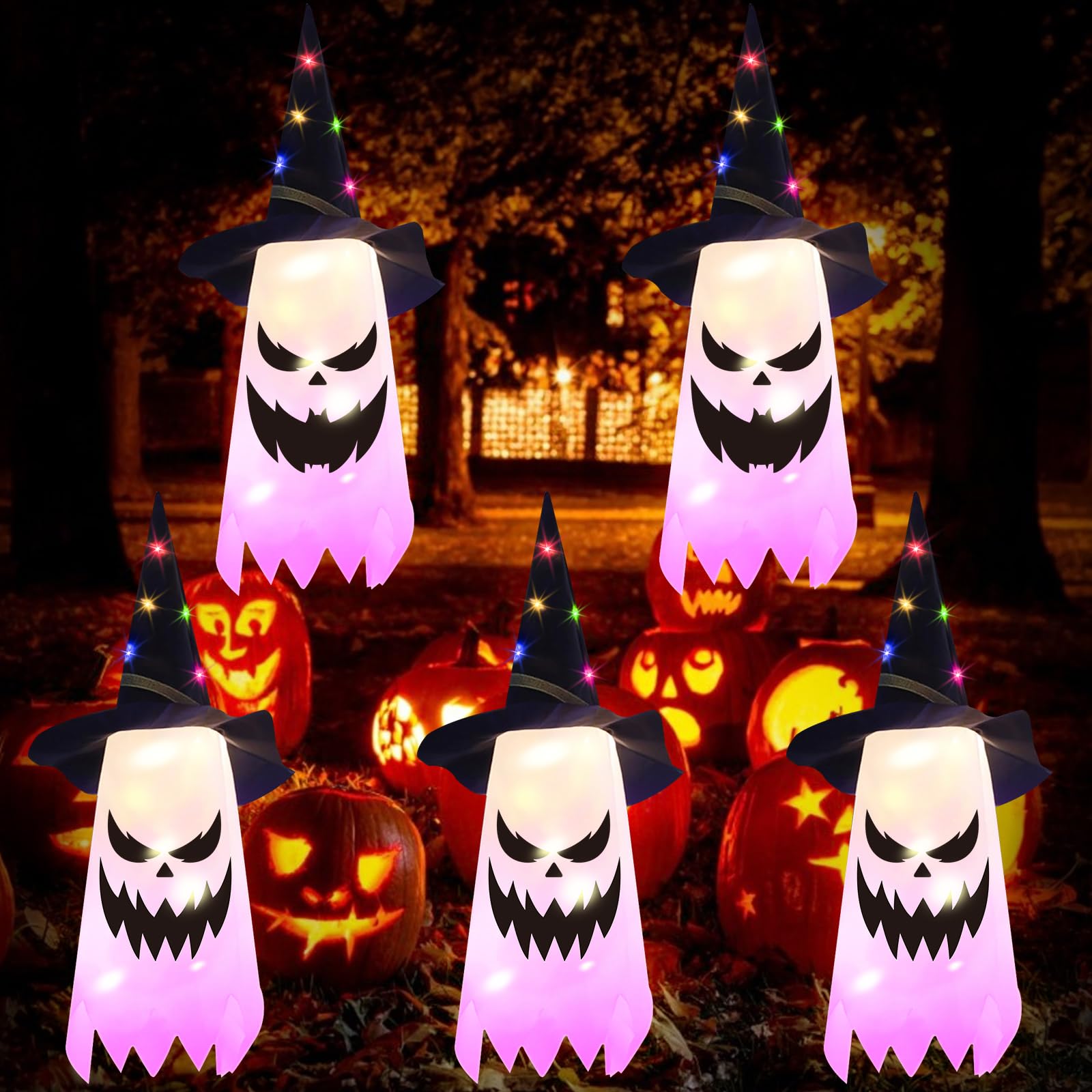 COZII Halloween Decorations Outdoor Lights, 5 Pcs Halloween Glowing Ghost Hats, Witch Hats with LED Lights, Waterproof Hanging Ghost, Battery Powered, Halloween Party for Garden Indoor Outdoor
