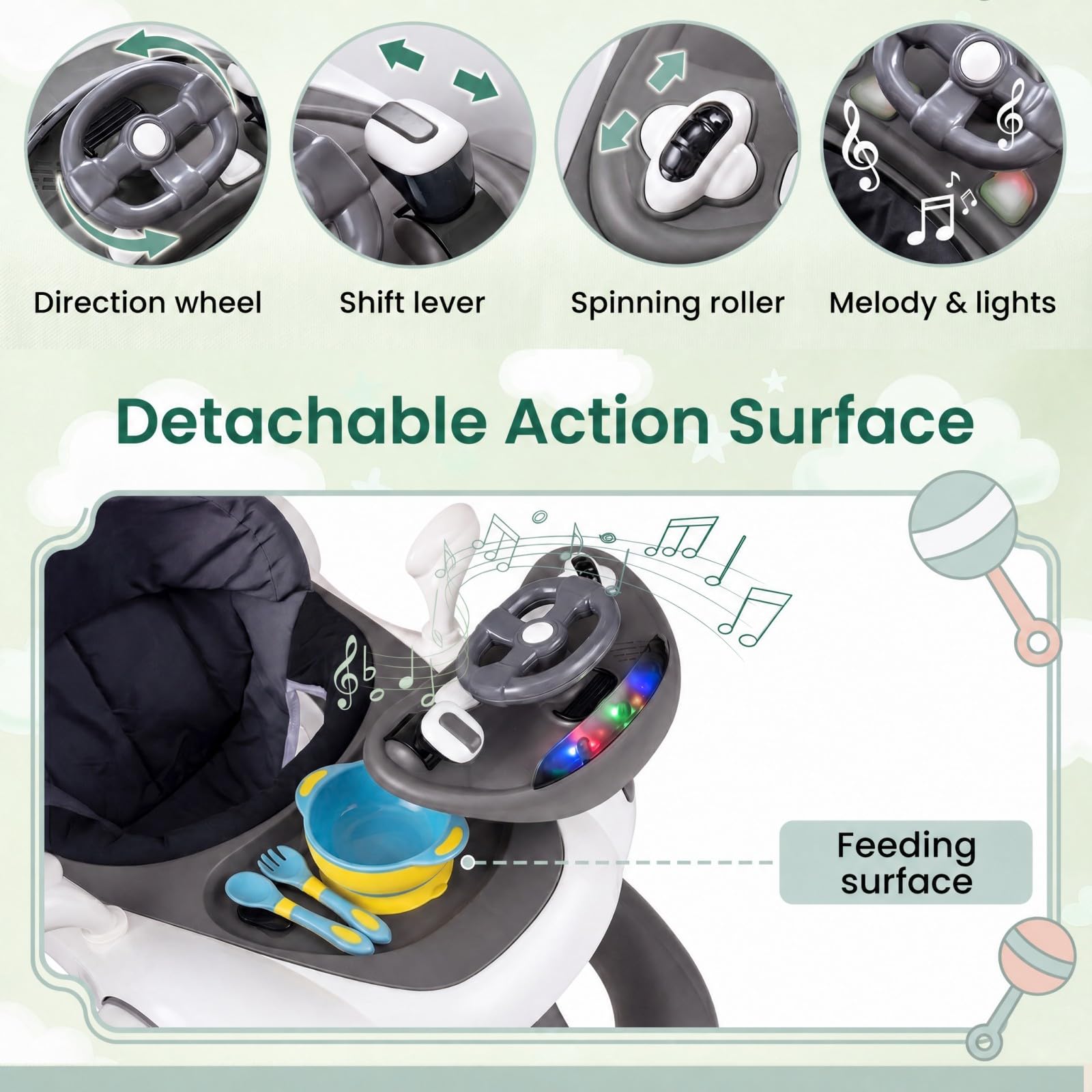 GIANTEX Andador para Bebés Plegable 7 en 1 con Capota (Gris+Blanco) | Tacatá Plegable con Velocidad y Altura Ajustables, Centro de Actividades con Música y Luces para Bebés de 7 a 18 Meses