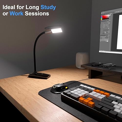 Miniatura 9 de Lámpara de escritorio LED de 3 brillos regulables para el cuidado de los ojos, lámpara de mesa negra, cuello de cisne flexible, luz de escritorio
