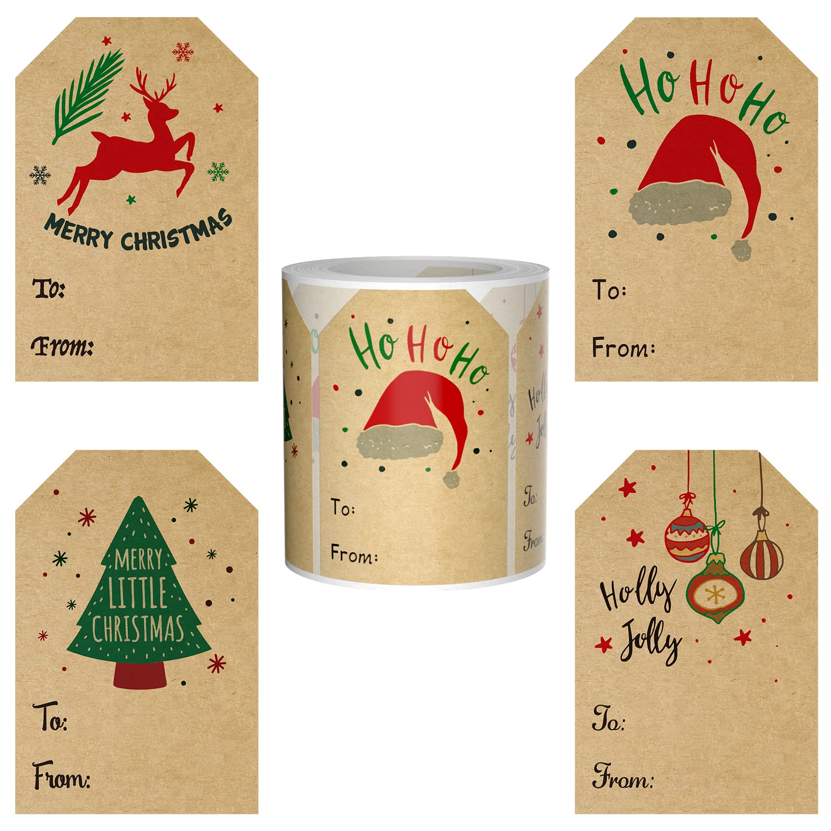 Kraft Paper Christmas Stickers - 2 * 3 Inch, 80 PCS Per Roll, 4 Designs, Decorative Labels for Presents & Gifts