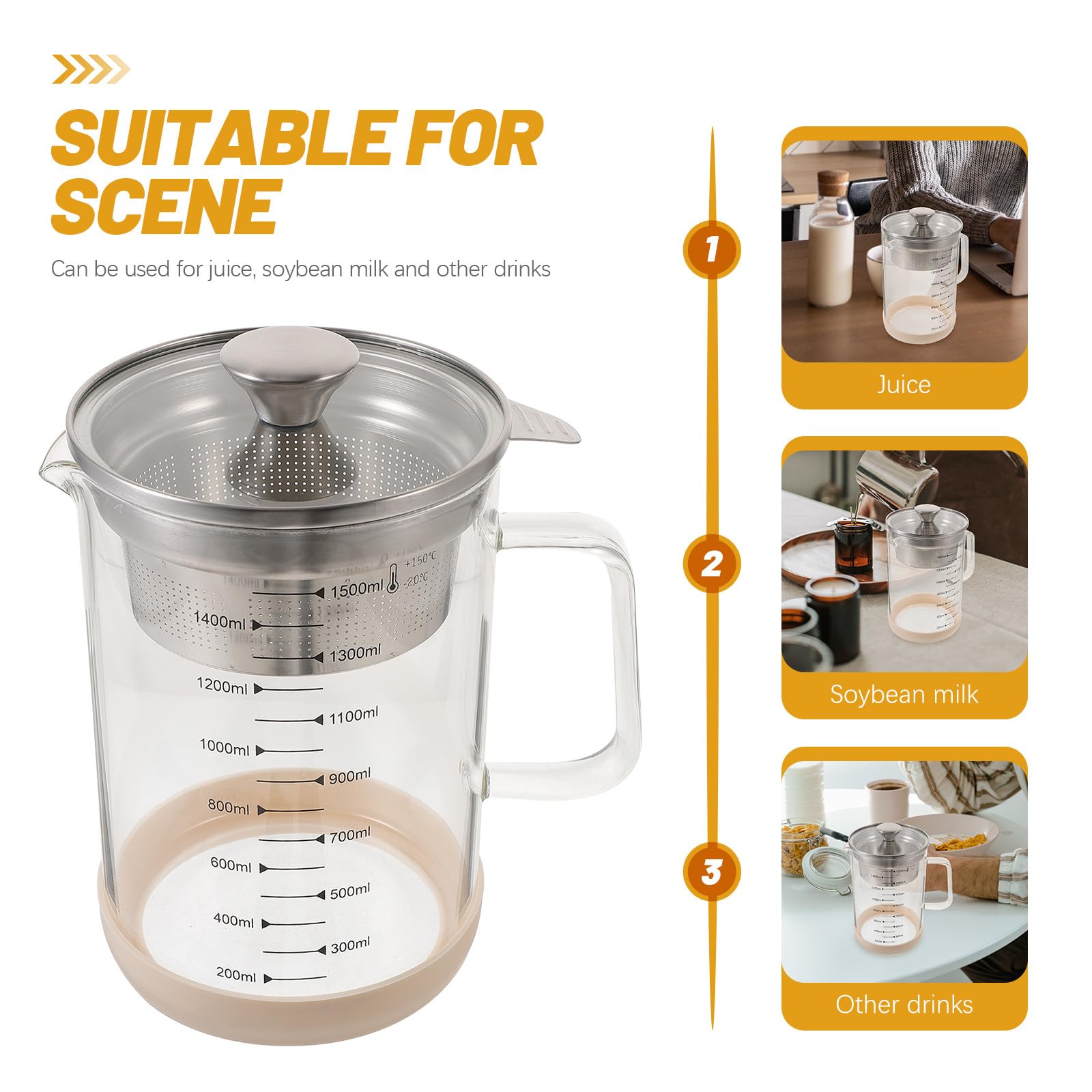 Housoutil Glasfilterkanne 1500 Ml mit Edelstahlfilter für Sojamilch und Saft Hitzebeständiger Haushalts Saftbehälter aus Borosilikatglas Feinmaschiges Sieb für Tee und Kaffee