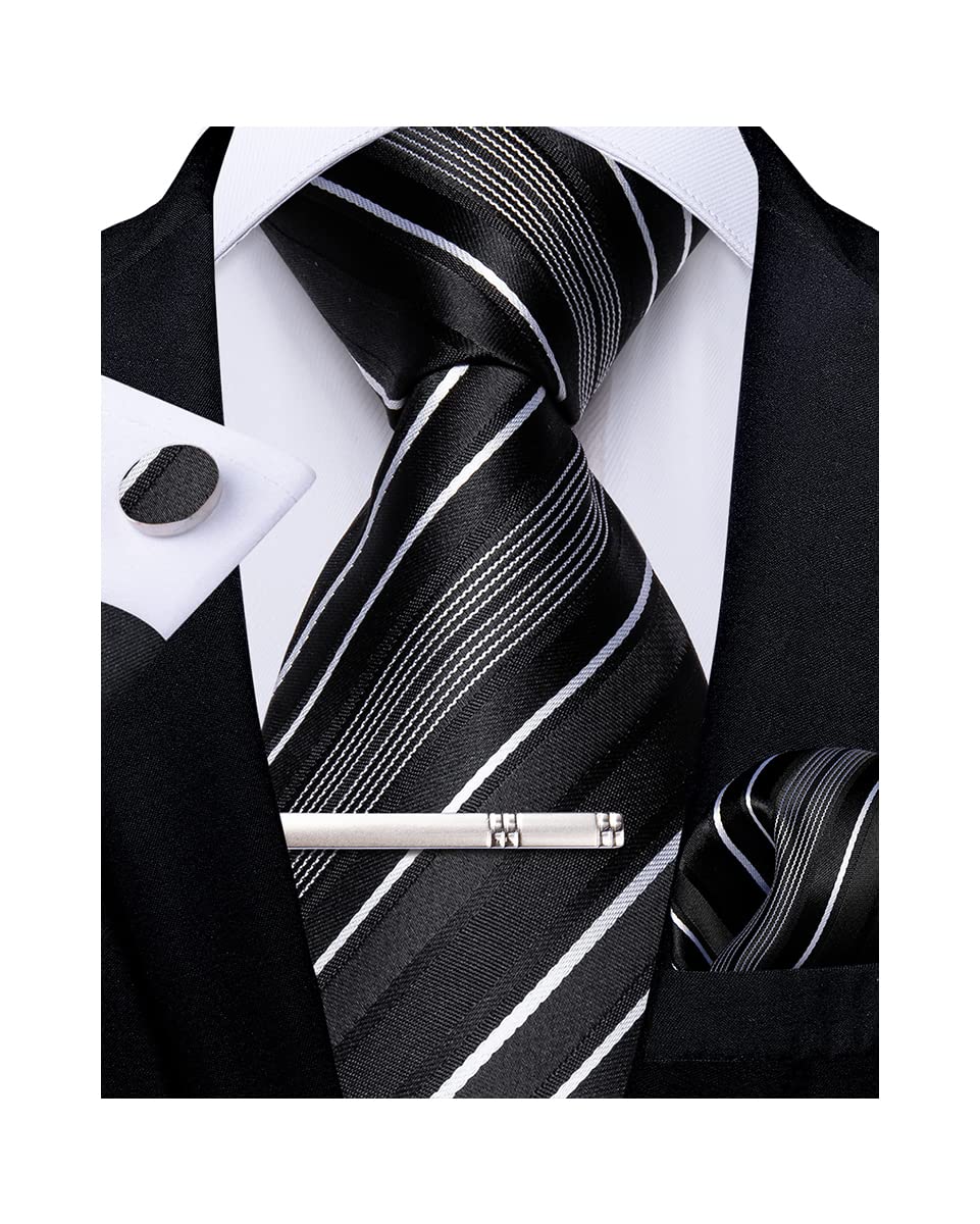 DiBanGu Mens Striped Tie Silk Woven Necktie and Pocket Square Cufflinks Tie Clip Set Wedding Business Formal Gift Tie for Men