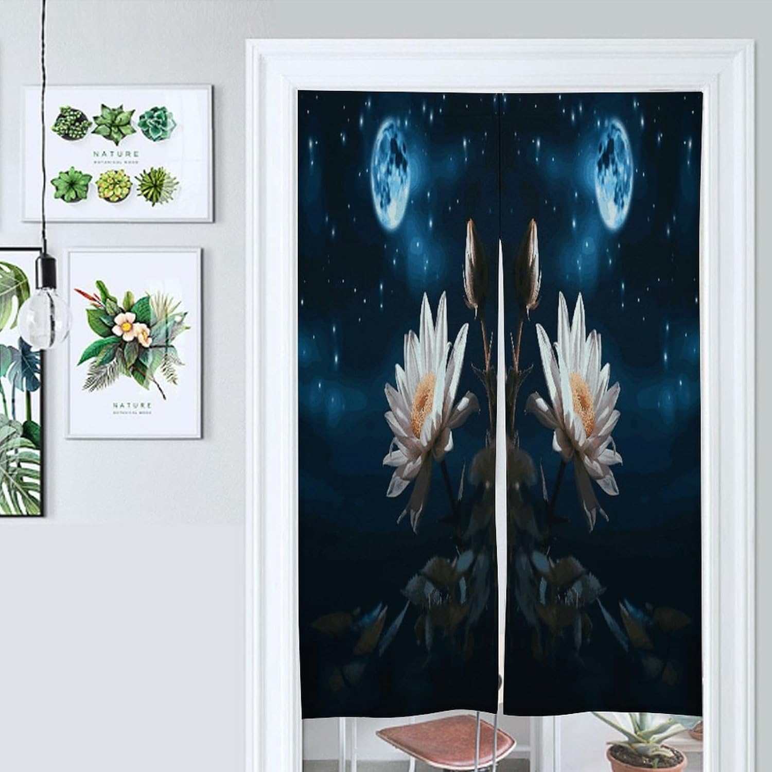 Flower and Moon Door Curtain Printed Doorway Noren Japanese Style Doorway Room Divider Curtains for Privacy Partition Divider Kitchen Home Decorations Wall Hanging
