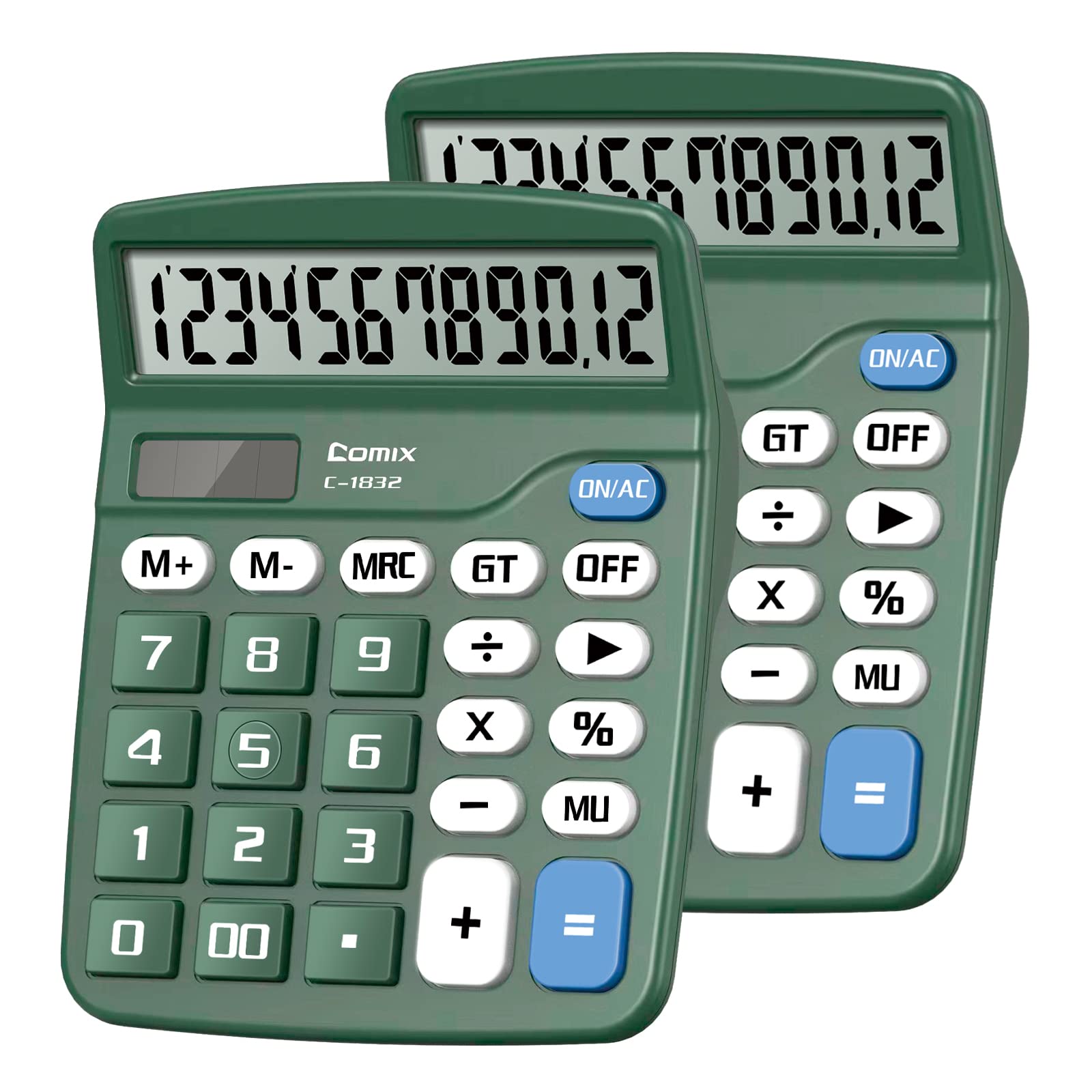 Comix Desktop Calculator 12 Digit with Large LCD Display and Big Button, 2-Pack, 12 Digits Baisc Calculator, Solar Battery Dual Powered, for Office Home School Green