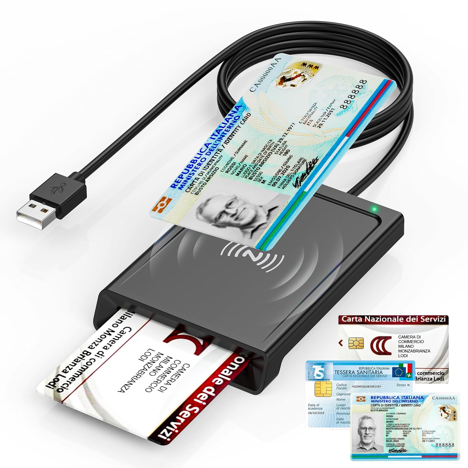 Lettore CIE 3.0 Carta d'identità Elettronica e Tessera Sanitaria Italiana,USB Lettore Smart Card Firma Digitale Lettore Smart contatto e contactless CIE/CRS/CNS,Lettore NFC per PC Windows 10 11 Linux