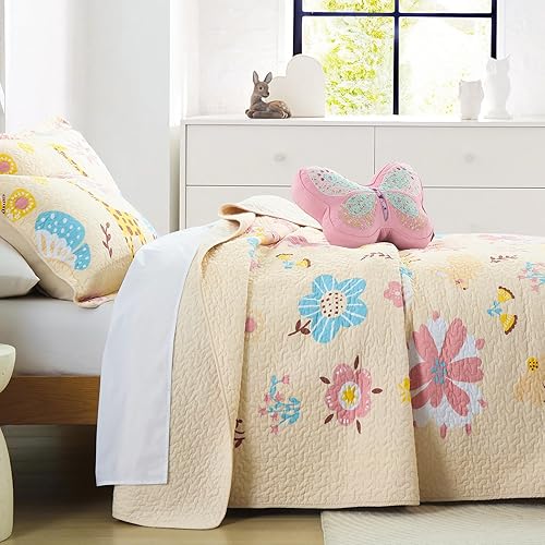 Miniatura 3 de PERHOM Juego de ropa de cama suave reversible 100% algodón suave con diseño de mariposas y mariposas, color crudo y rosa (Queen, 3 piezas 1 edredón