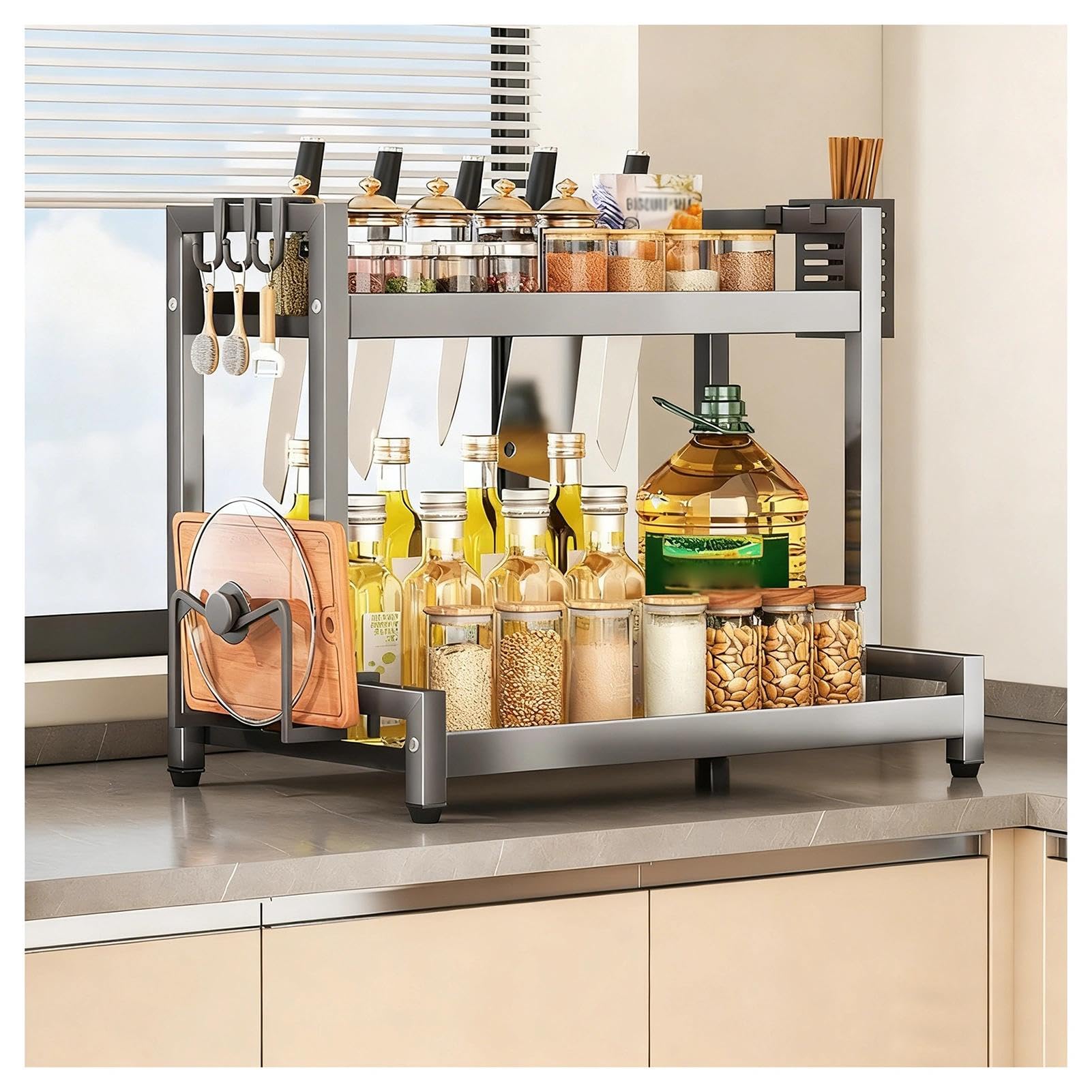 TIANQIHAO Stainless Steel Countertop Spice Rack Nizer, 2-Tier Metal Table Rack With Hooks And Knife Holder, Standing Large Nizer For Sugar, Salt, Pepper And Oil Bottles,Grey-2 Tier-15.7in