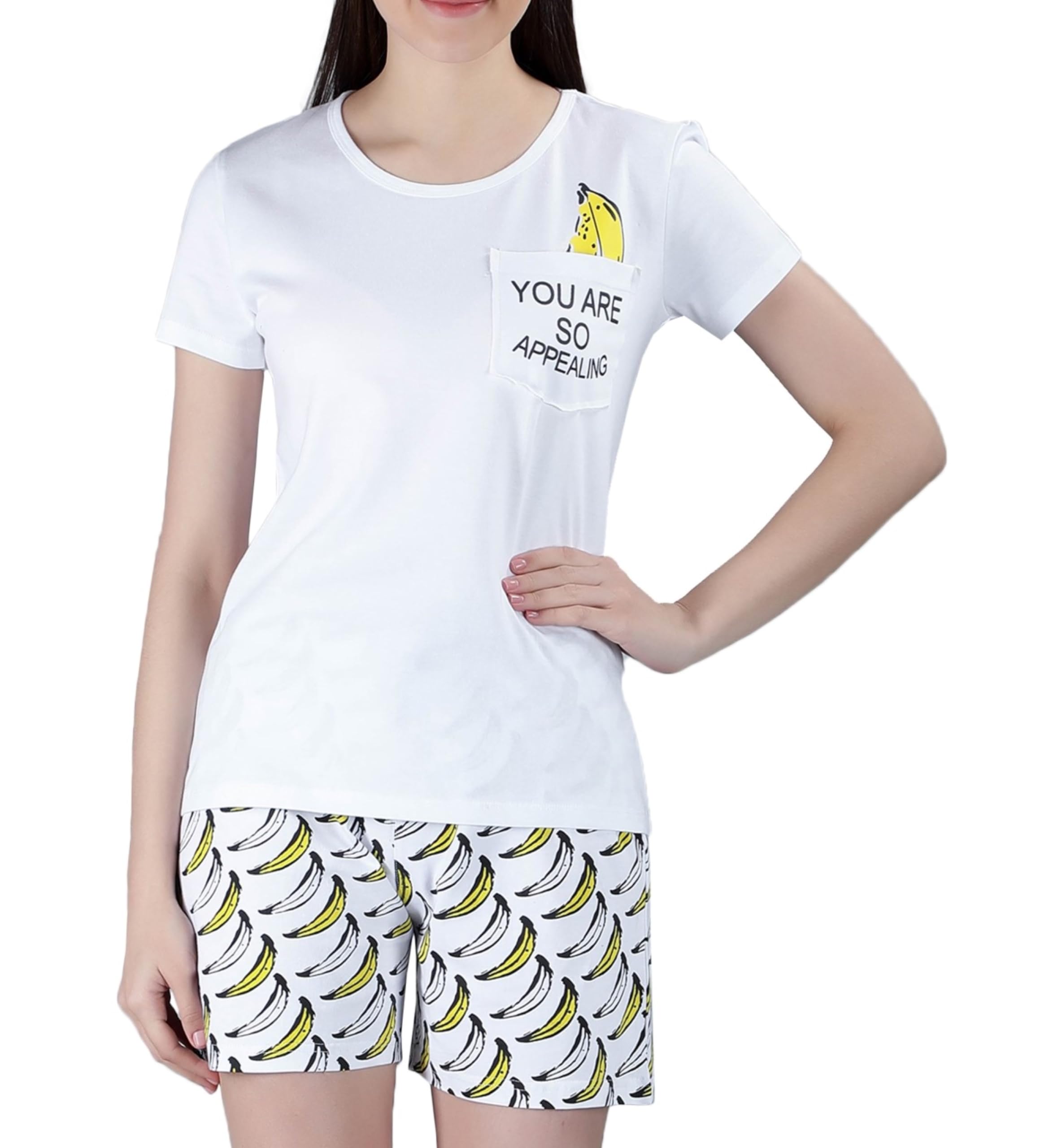 Club A9 Womens Printed Night Suit Co-Ord Set of Top & Shorts (SA_C-ORD_105(P), White Banana Set)