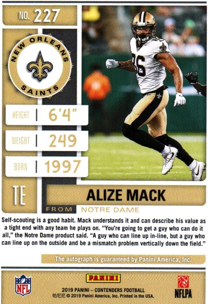 Alize Mack Panini Contenders Autographed Rookie Card Collectible Football Card - 2019 Panini Contenders Rookie Ticket Football Card #227 (Saints) Free Shipping