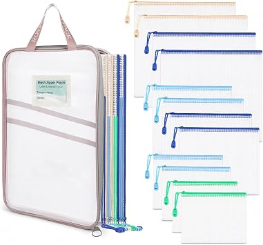 12 Pack PVC Mesh Zipper Pouches with 1 Organizer Bag, 13pcs | A4 A5 B6 Translucent PVC Pouches for Journaling Planner Supplies Stationery Stickers Cards Notes and Craft Projects