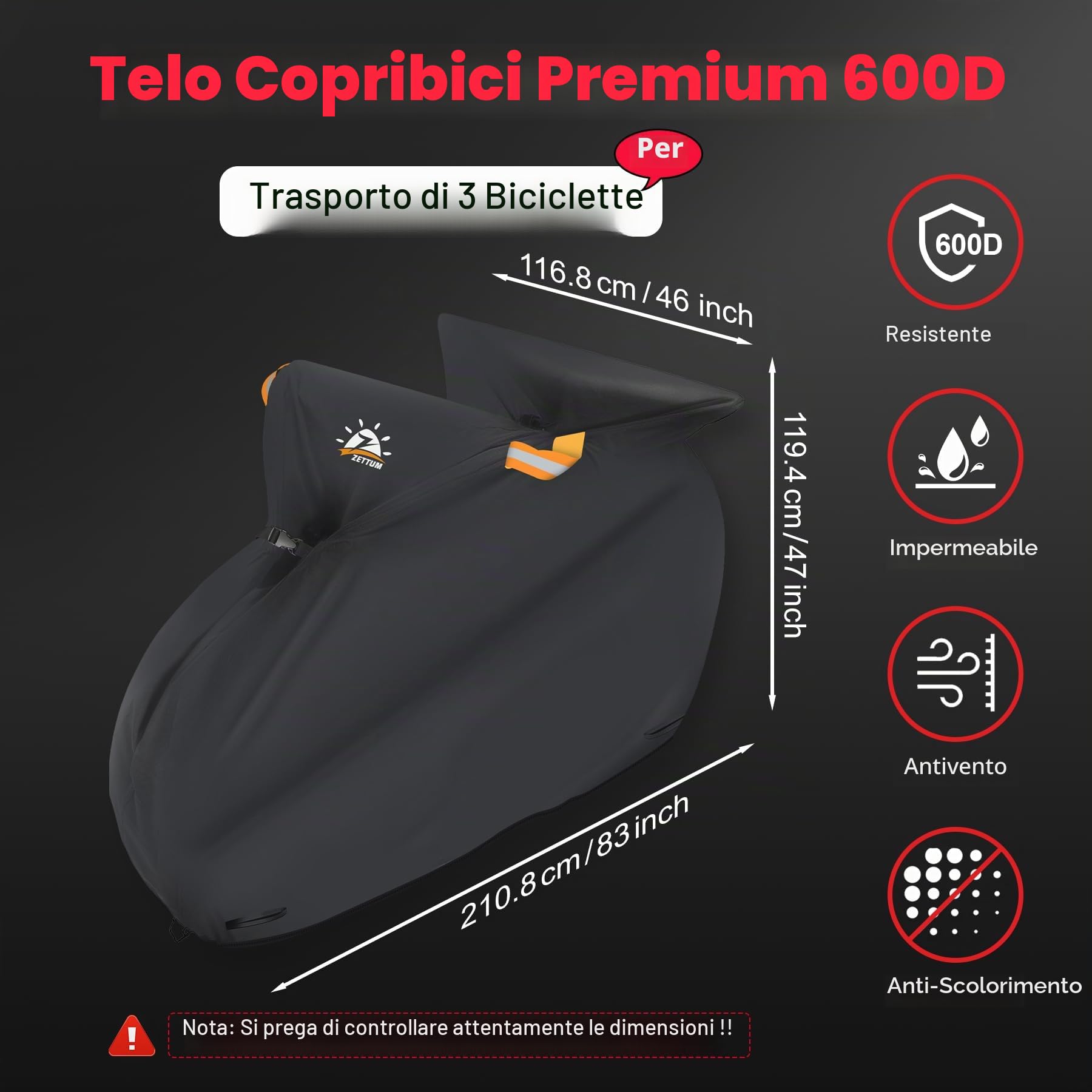 Zettum Copertura per il trasporto di 3 biciclette – Copertura per bici da riporre all'esterno sul portapacchi posteriore impermeabile all'aperto e resistente, rivestimento in poliuretano 600D,