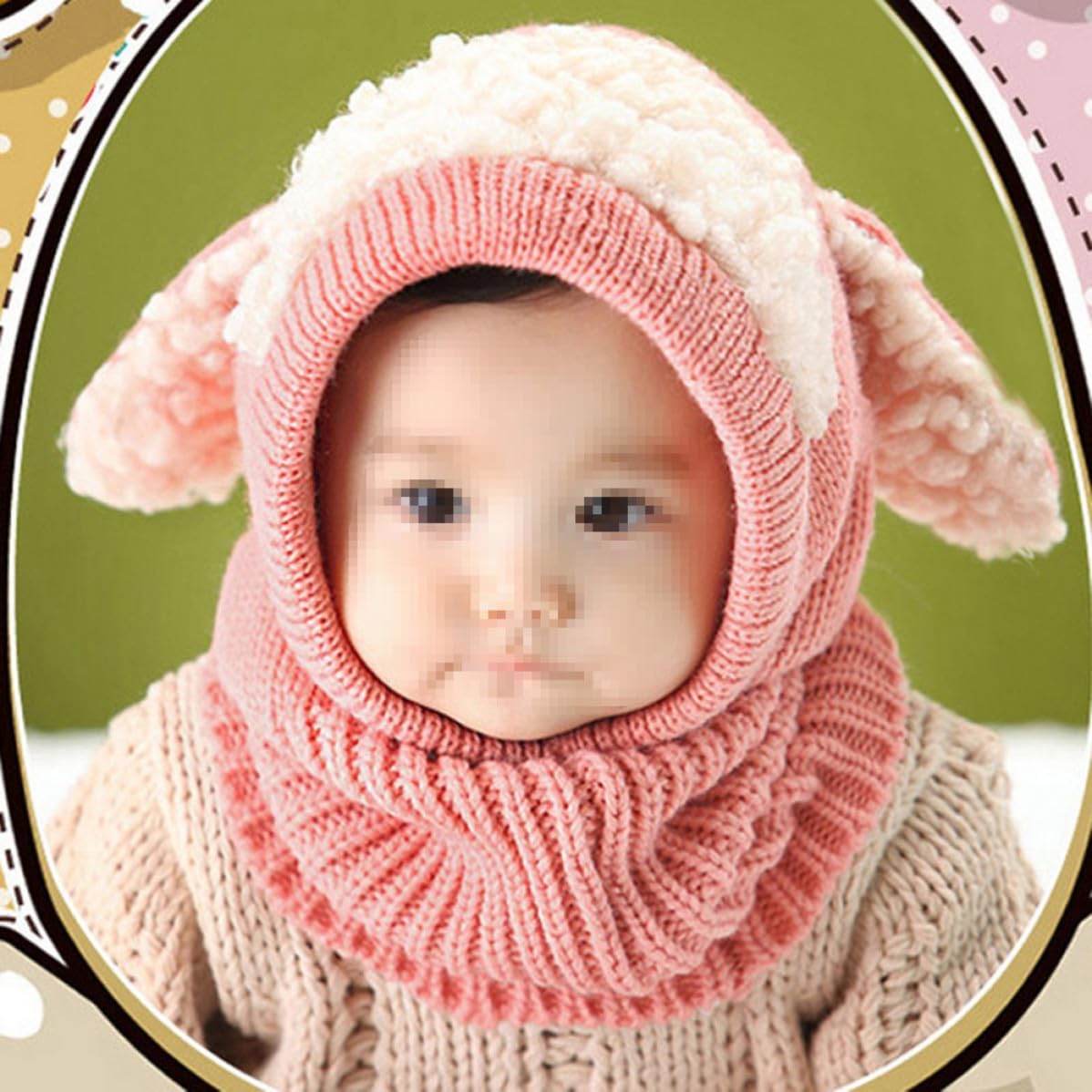 Dog Design Knitted Woolen Coif Hood Scarf Cap for Winter Travel Pink