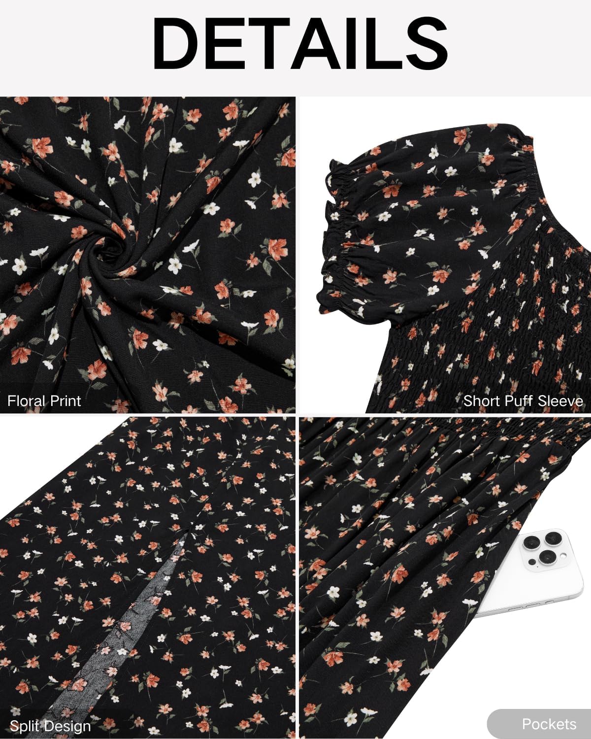 Pinup Fashion Women's Plus Size Summer Maxi Dress Floral Black Off Shoulder Boho Casual Beach Smocked Long Flowy Dresses with Pockets - Image 7