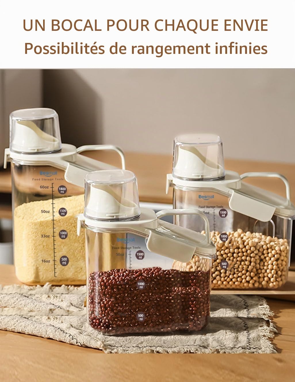 Bocaux Rangement Cuisine, Boite Cereales Hermétiques en Plastique avec Couvercle, Boite Hermetique Alimentaire pour le Stockage des Céréales Grains Aliments Secs Farine Sucre Riz, Sans BPA, 1.5L