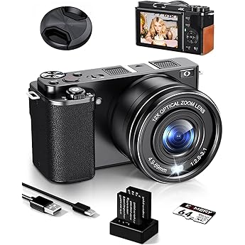 Ade Digital Camera 4K 64MP with CMOS Sensor & 12X Optical Zoom Compact Camera with 2.8 Inch Display WiFi/HDMI 64GB Card 2 Batteries and Charger Black