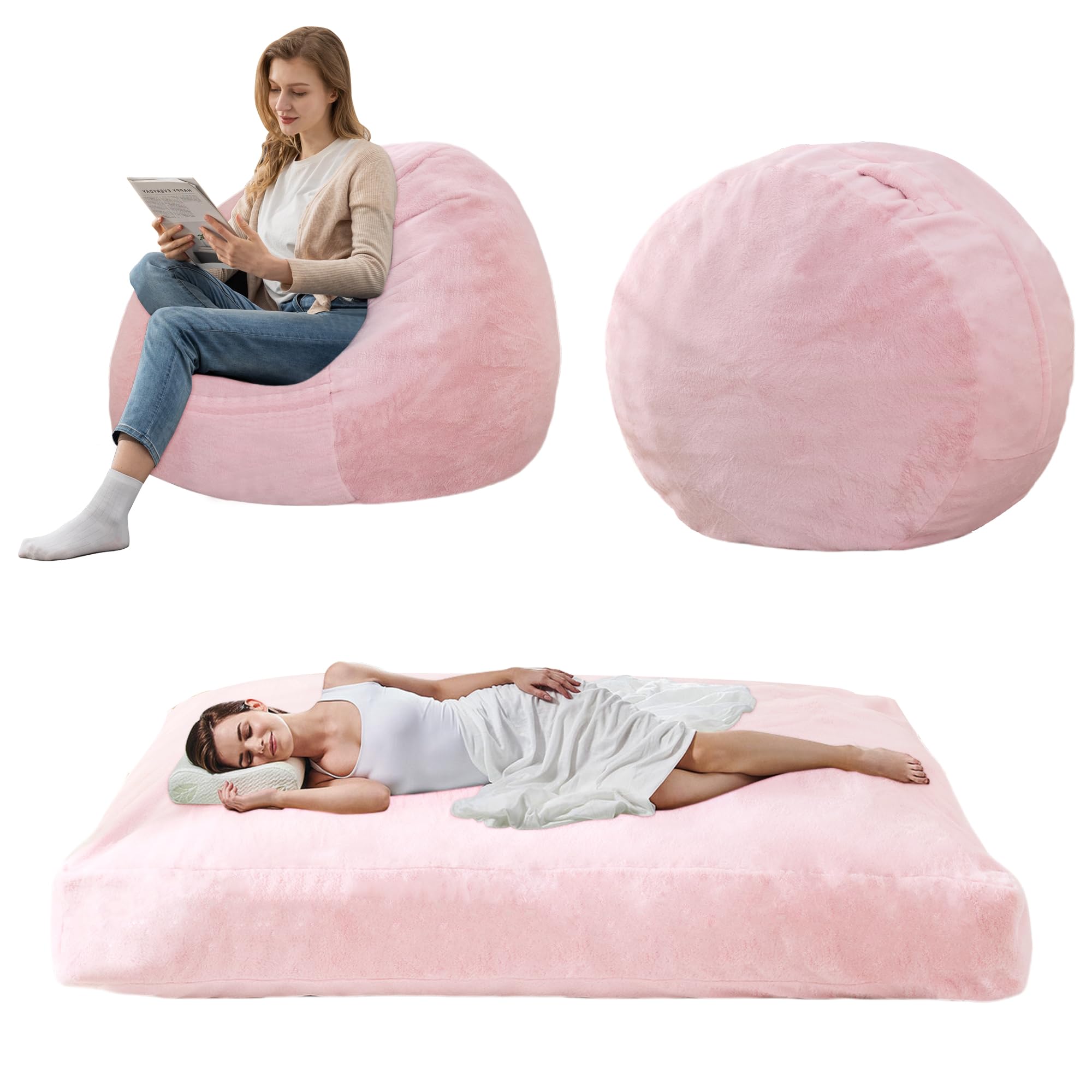 Setawix Giant Bean Bag Chair Bed for Adults Convertible Beanbag Chair to Floor Mattress Large Bean Bag Reading Chair Couch Folding Lazy Sofa Bed with High-Density Foam Filling Machine Washable Pink