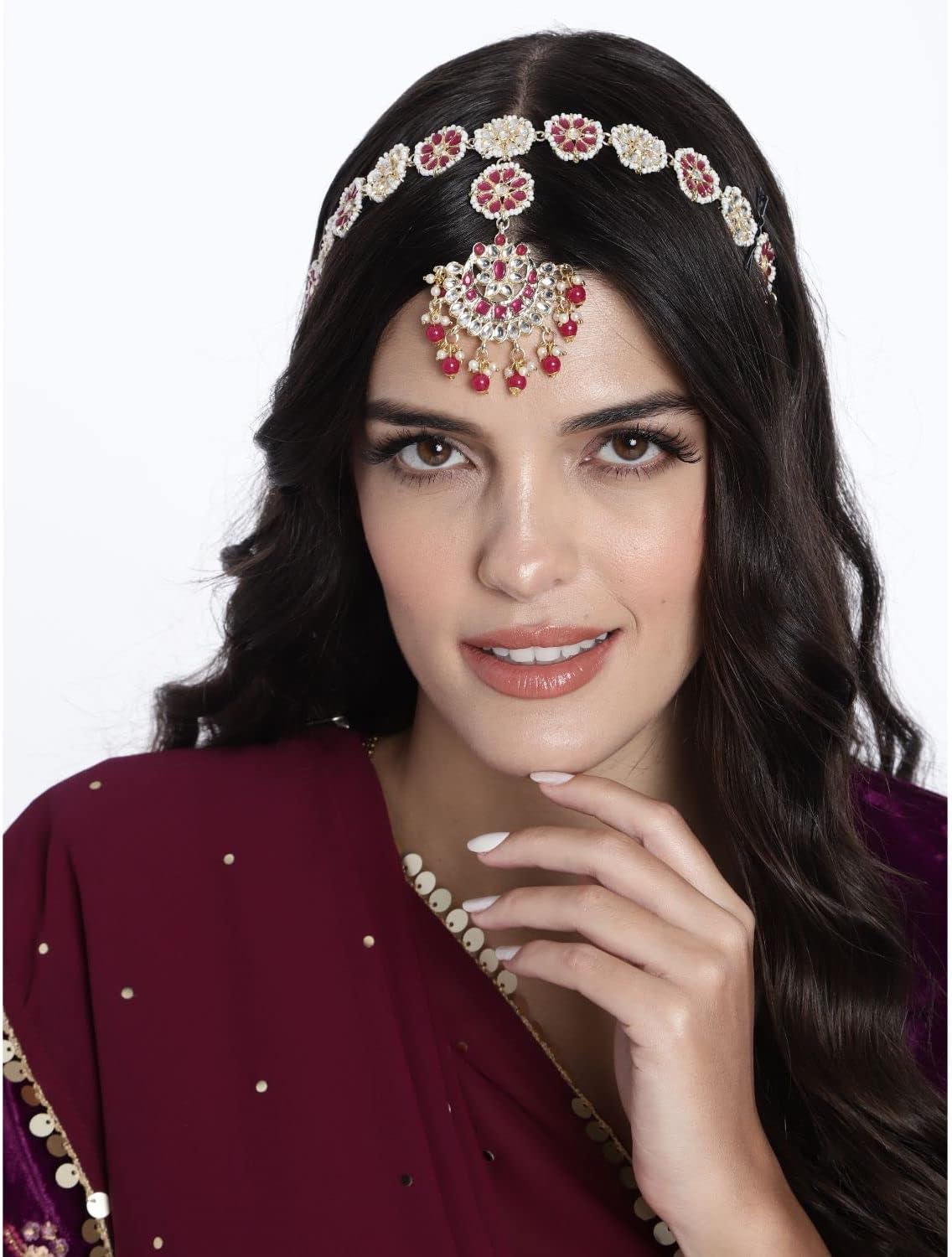 I Jewels Gold Plated Metal Indian Wedding Bollywood Floral Kundan Pearl Studded Rajasthani Sheeshphool/SheeshPatti for Women