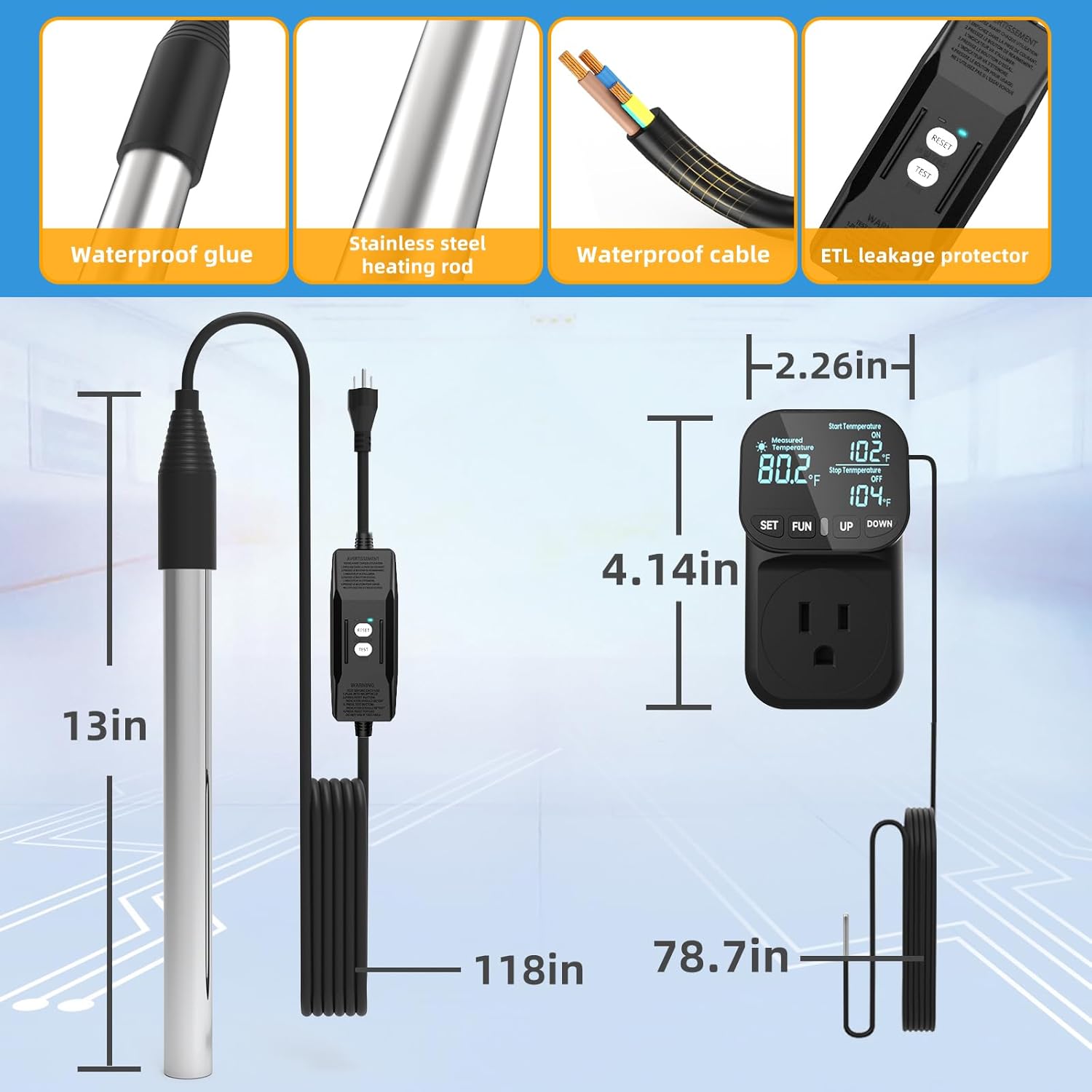 Immersion Water Heater 240V 3000W Portable Electric Heater with Rapid Heating, with Adjustable LCD Thermostat & GFCI,for Kitchen Sink, Bathtub, Spa, Stock Tank, Livestock Water Trough & Baptismal Pool