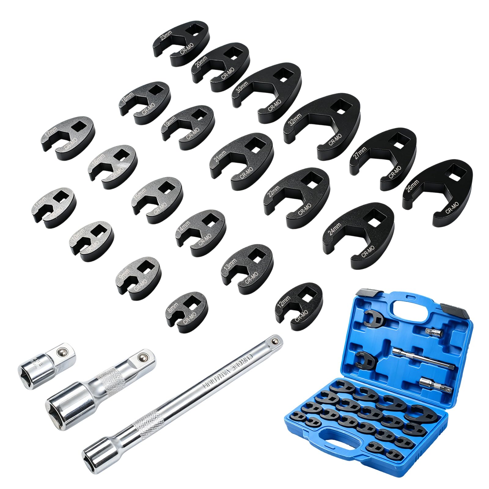 YedZen Crows Foot Spanner Set 24 Pieces, 3/8” 1/2” Open End Drive Crowfoot Wrench Set with Extension Bar & Adapters, 8-32mm Metric Carbon Steel for Narrow Space Repair, Automotive, Mechanic