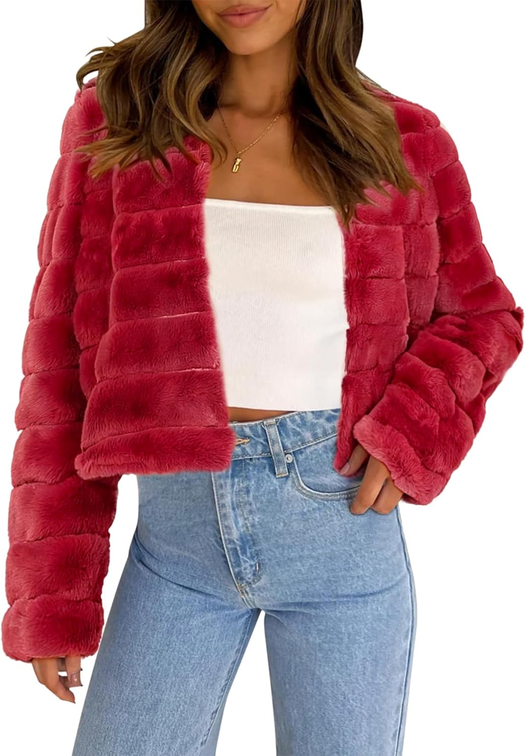 Allegra K Women's Faux Fur Coat Long Sleeve Cropped Fluffy Jacket Collarless Casual Winter Warm Outwear